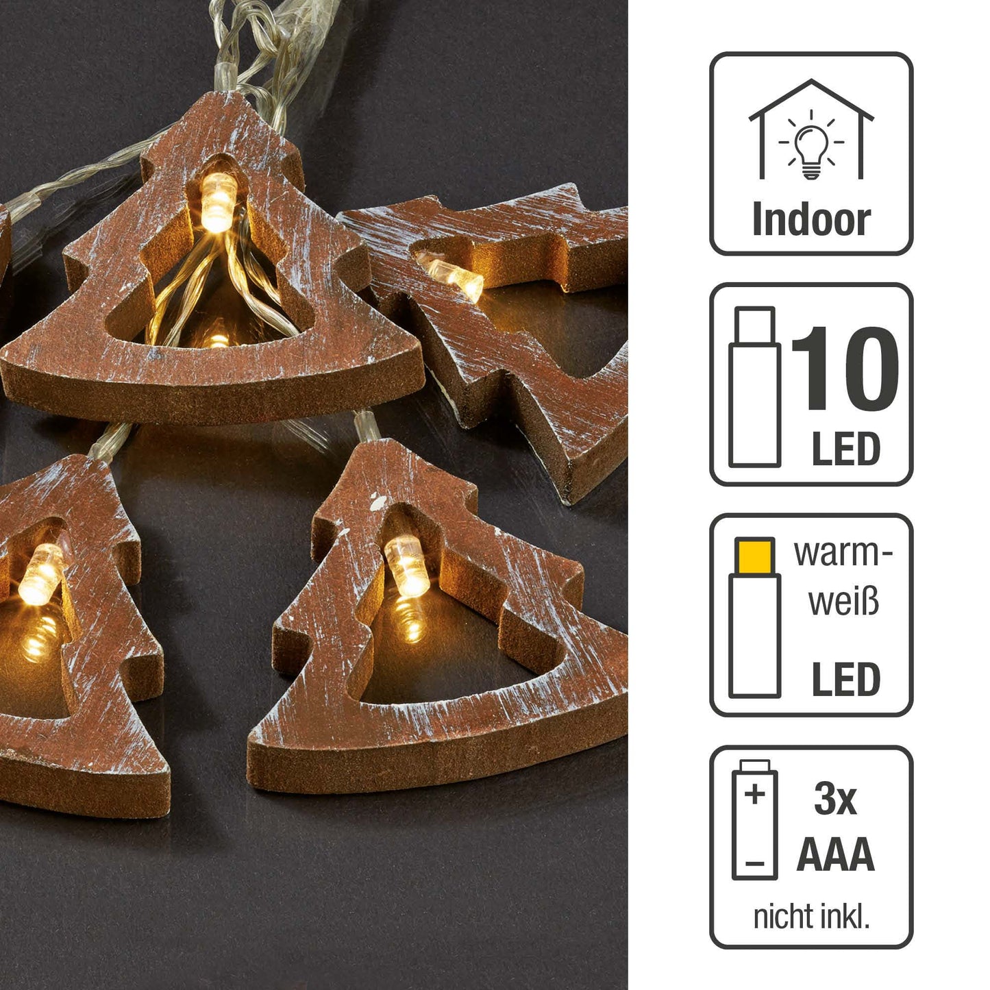 LED-Lichterkette mit Holztannenbäumen, 10 LEDs ww, batteriebetrieben