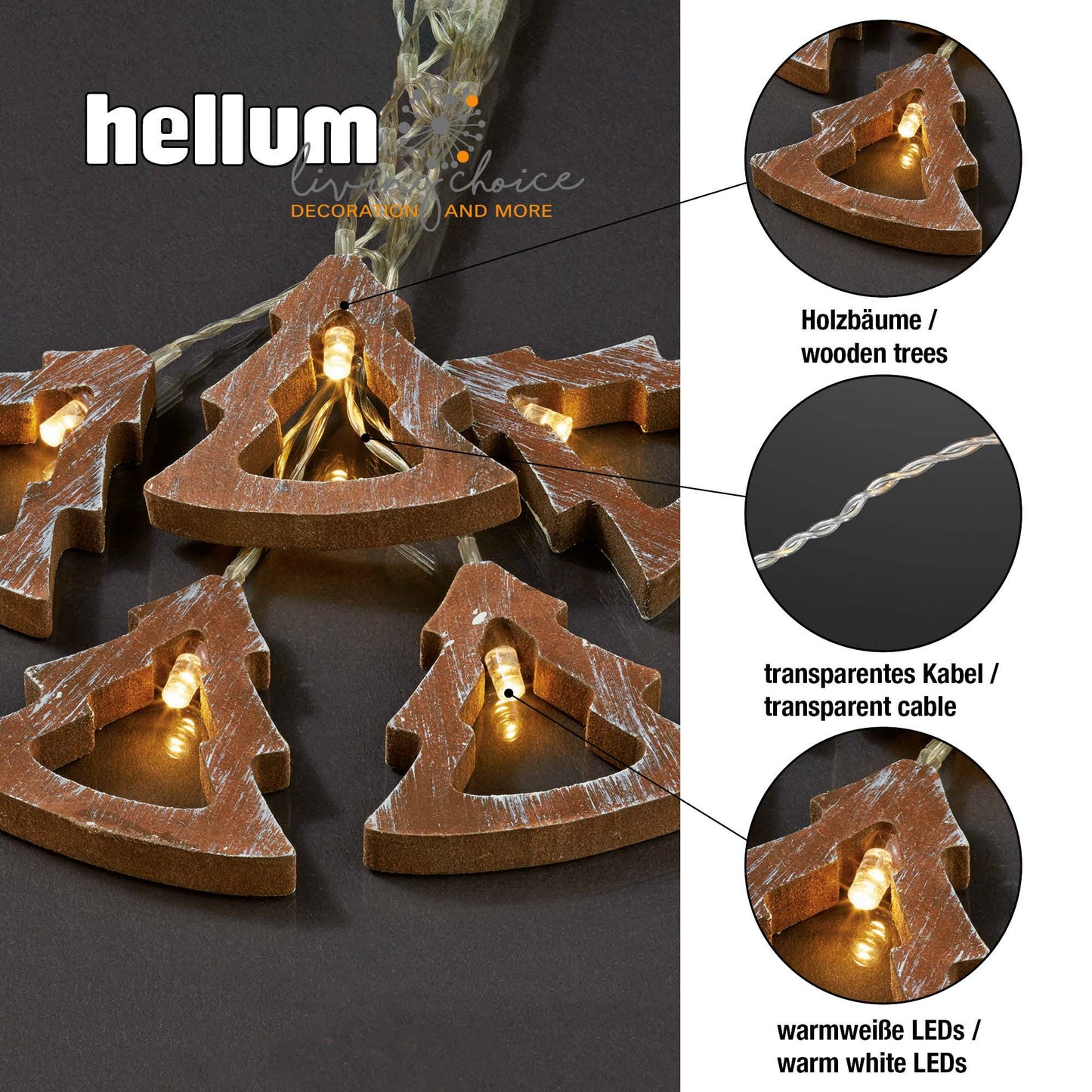 LED-Lichterkette mit Holztannenbäumen, 10 LEDs ww, batteriebetrieben