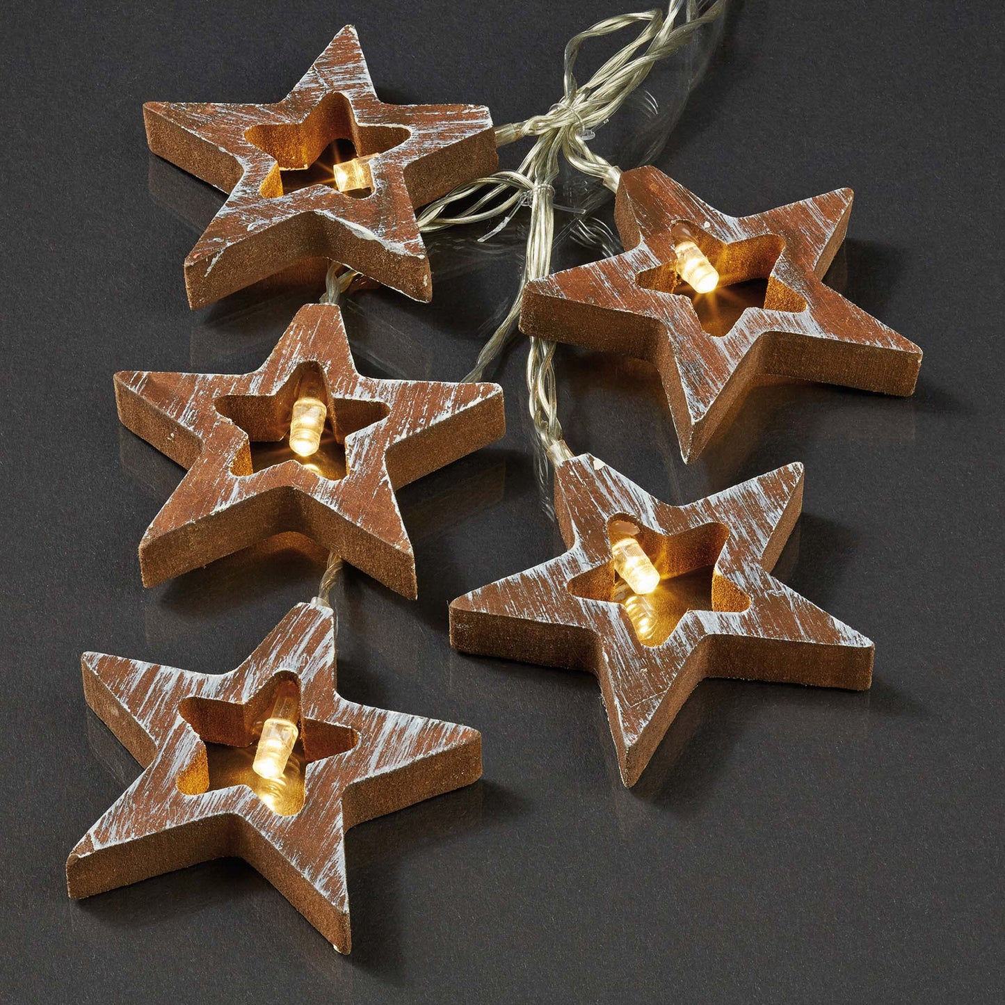 LED-Lichterkette mit Holzsternen, 10 LEDs ww, batteriebetrieben