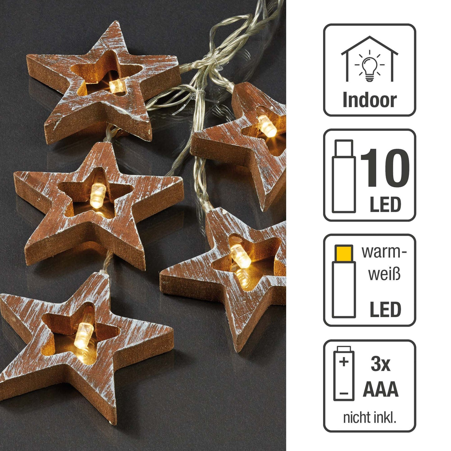 LED-Lichterkette mit Holzsternen, 10 LEDs ww, batteriebetrieben