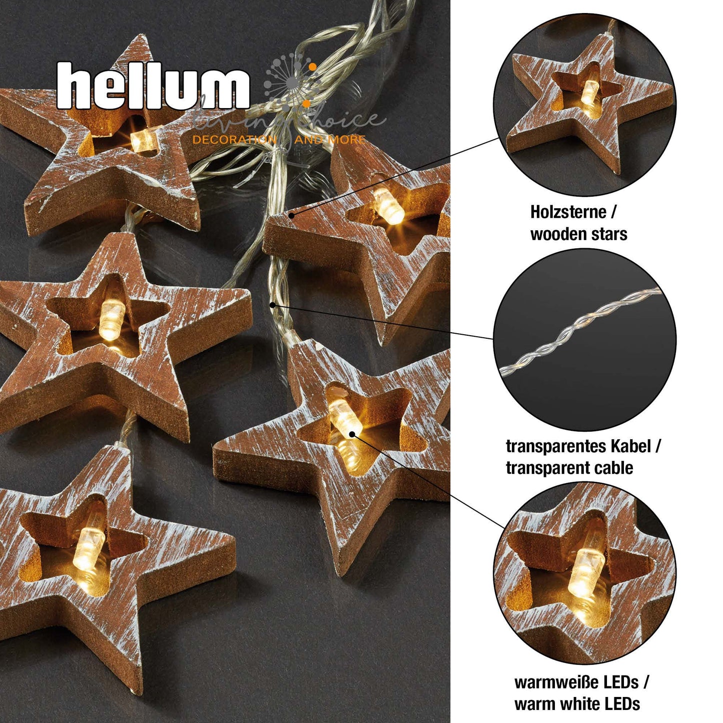 LED-Lichterkette mit Holzsternen, 10 LEDs ww, batteriebetrieben