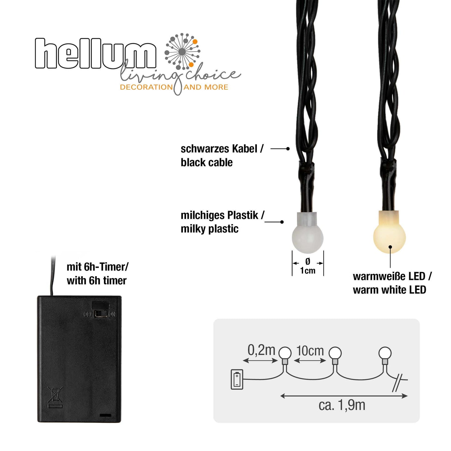 LED-Lichterkette mit Perlen, 20 LEDs ww, mit Timer, für innen, batteriebetrieben