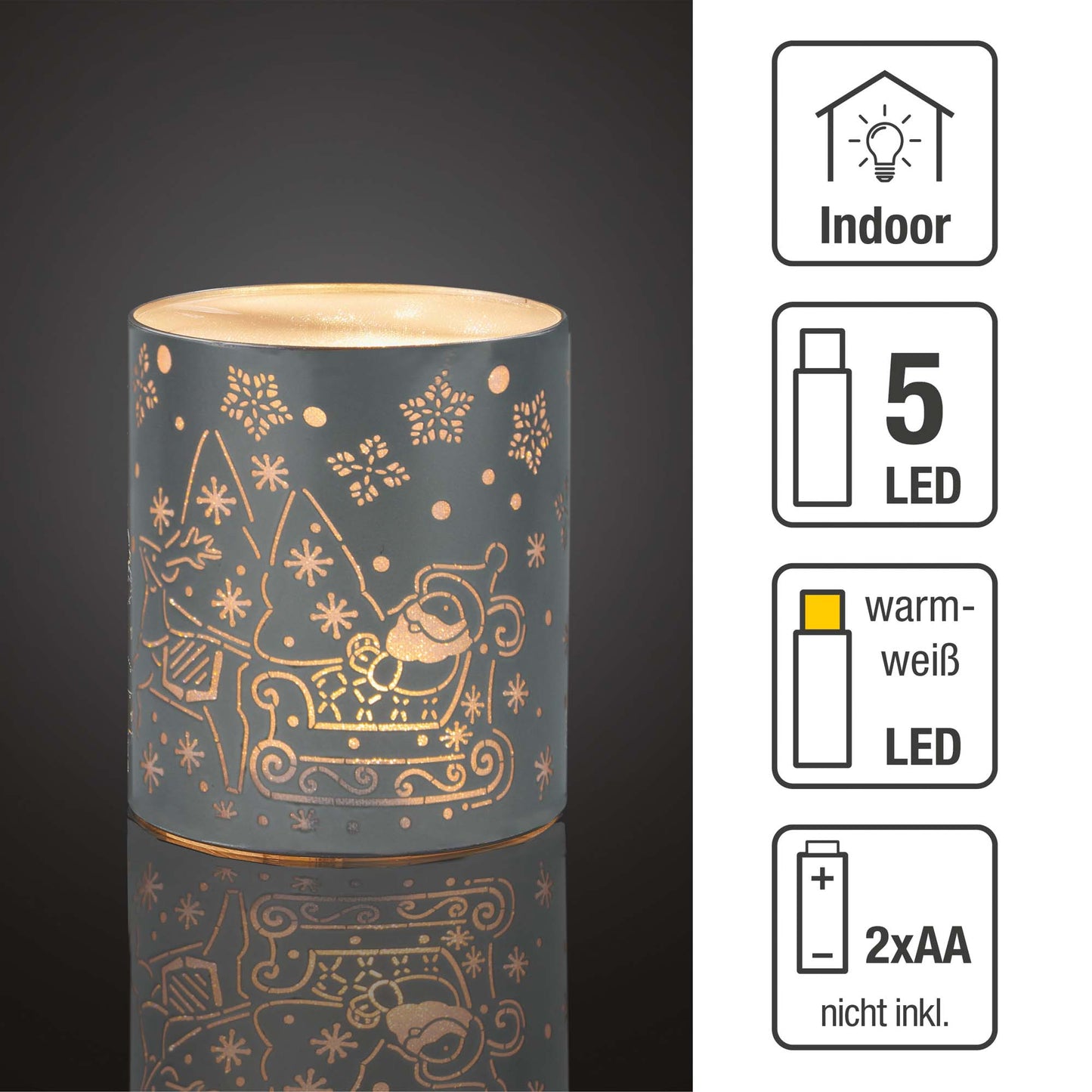 LED-Metall-Säule "Weihnachtsmann mit Schlitten", 5 LEDs ww, batteriebetrieben