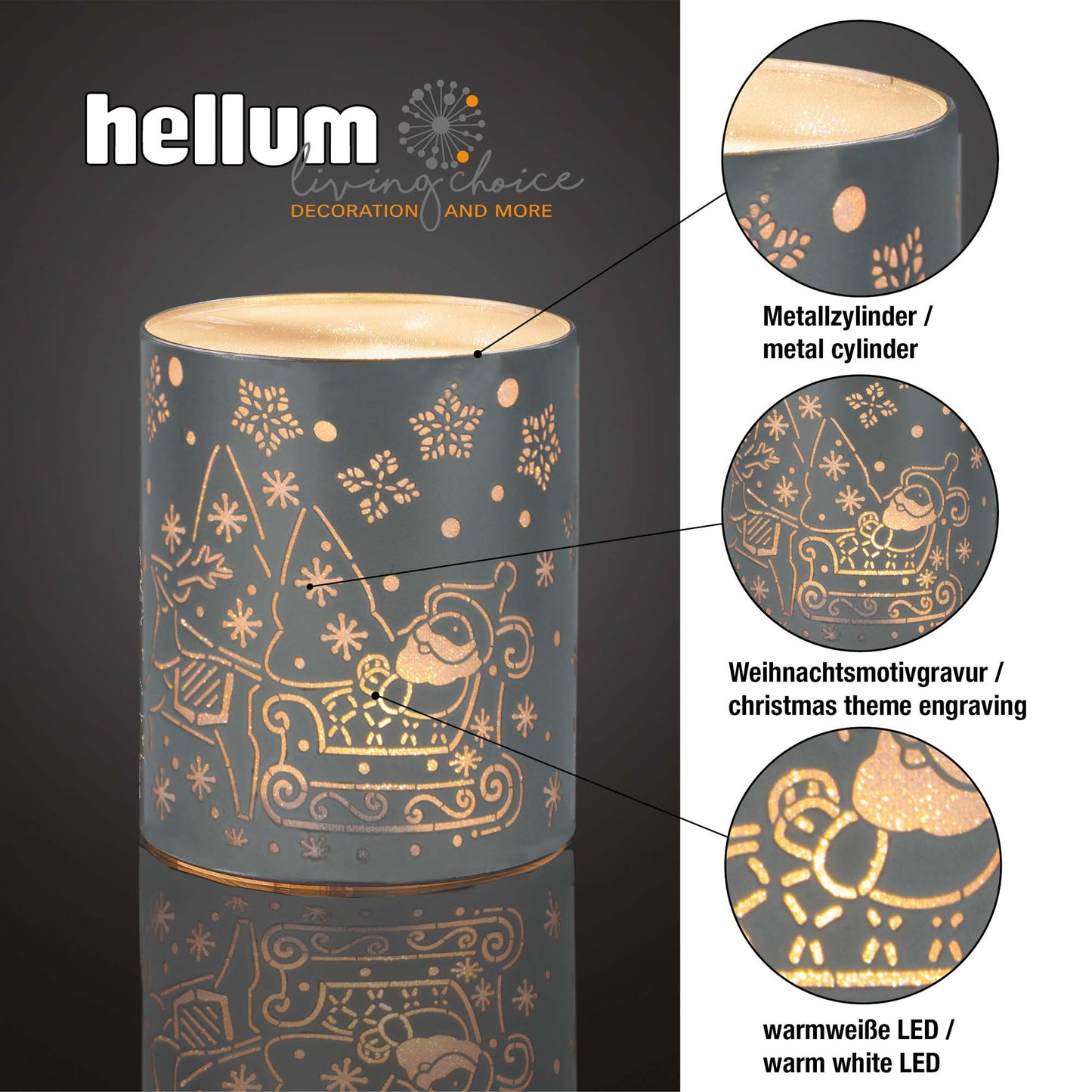 LED-Metall-Säule "Weihnachtsmann mit Schlitten", 5 LEDs ww, batteriebetrieben