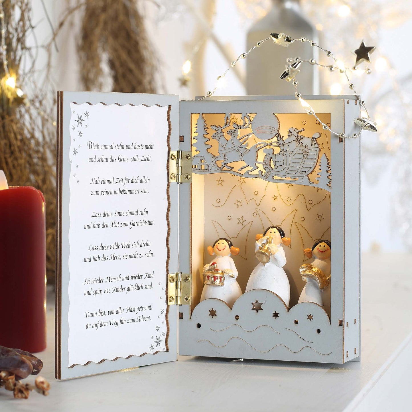 LED-Holzbuch mit Engeln und Musik, 1 LED ww, batteriebetrieben