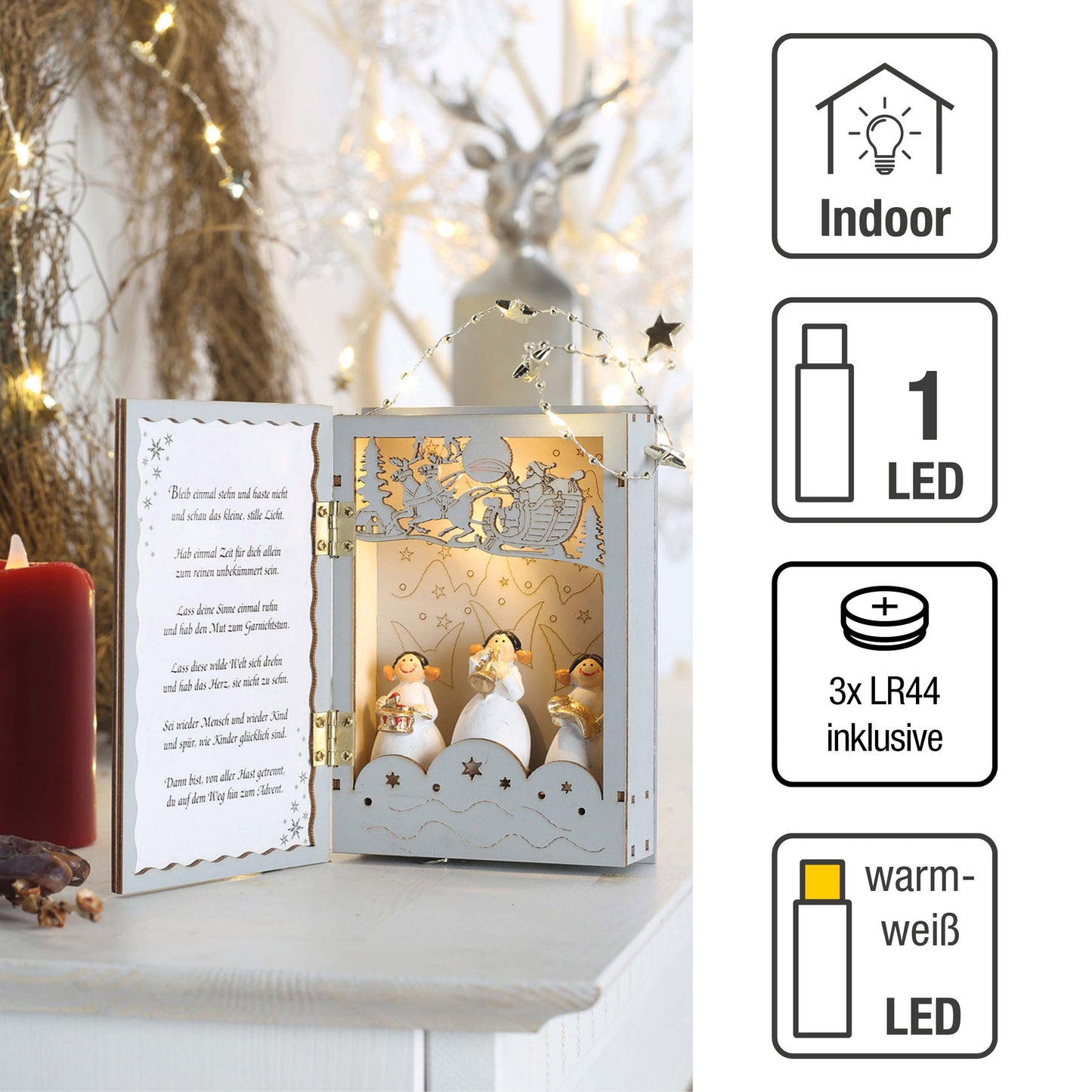 LED-Holzbuch mit Engeln und Musik, 1 LED ww, batteriebetrieben