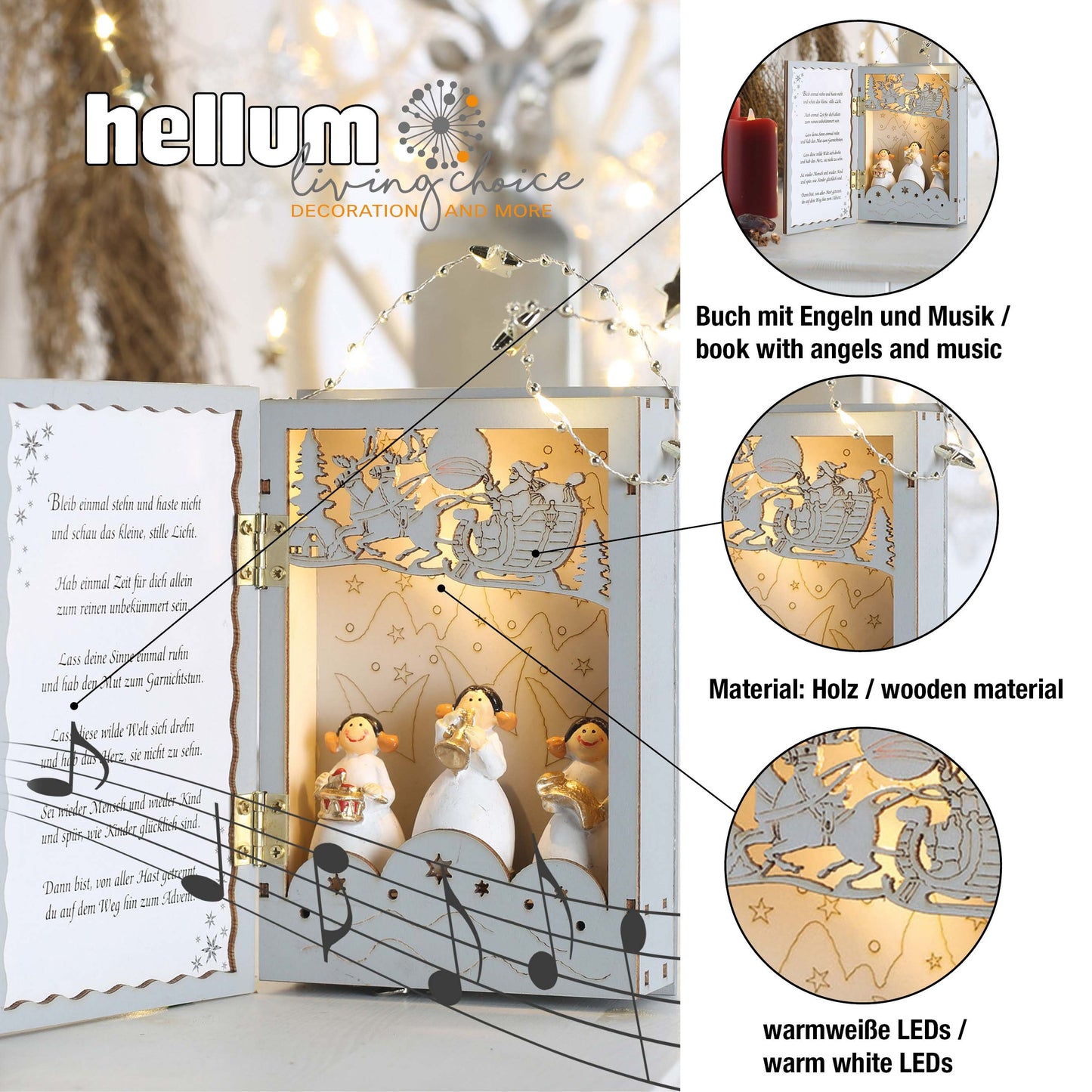 LED-Holzbuch mit Engeln und Musik, 1 LED ww, batteriebetrieben