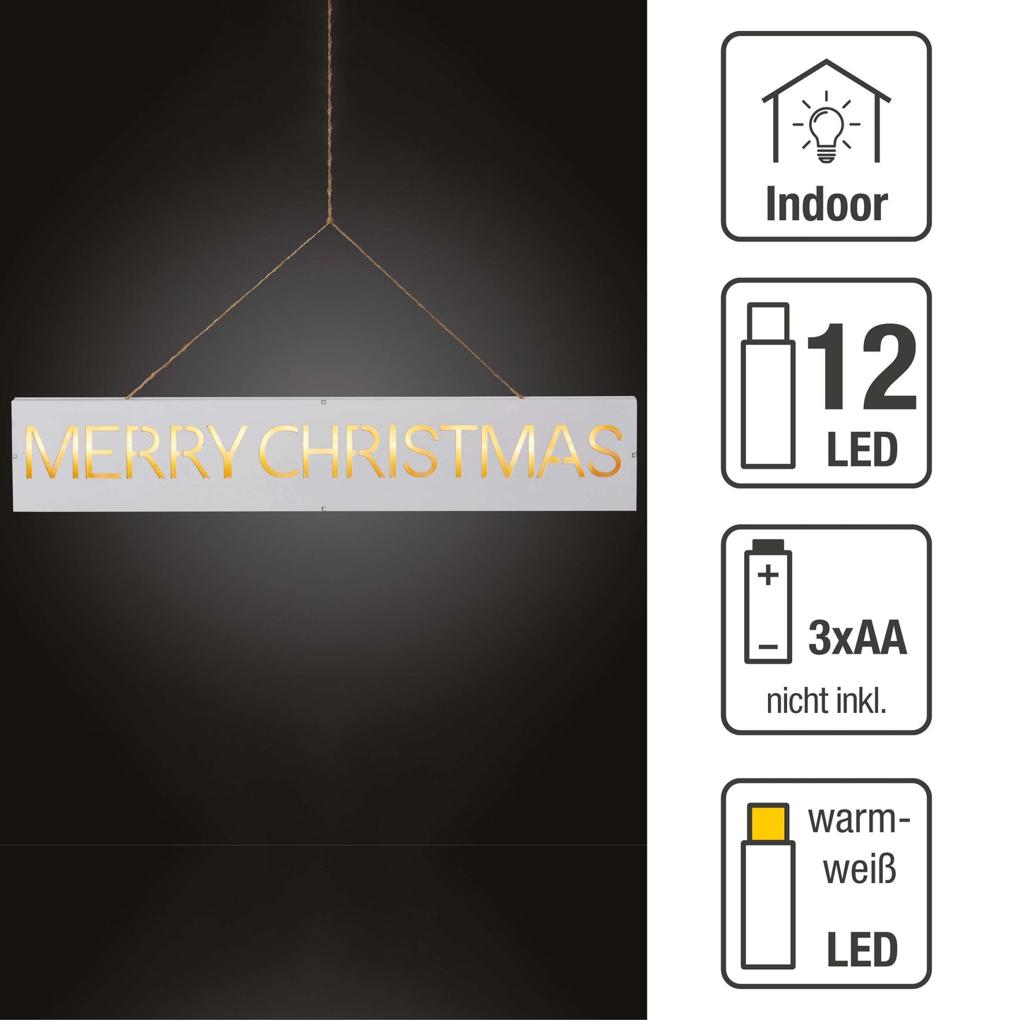 LED-Holzschild "Merry Christmas", 11 LEDs ww, batteriebetrieben