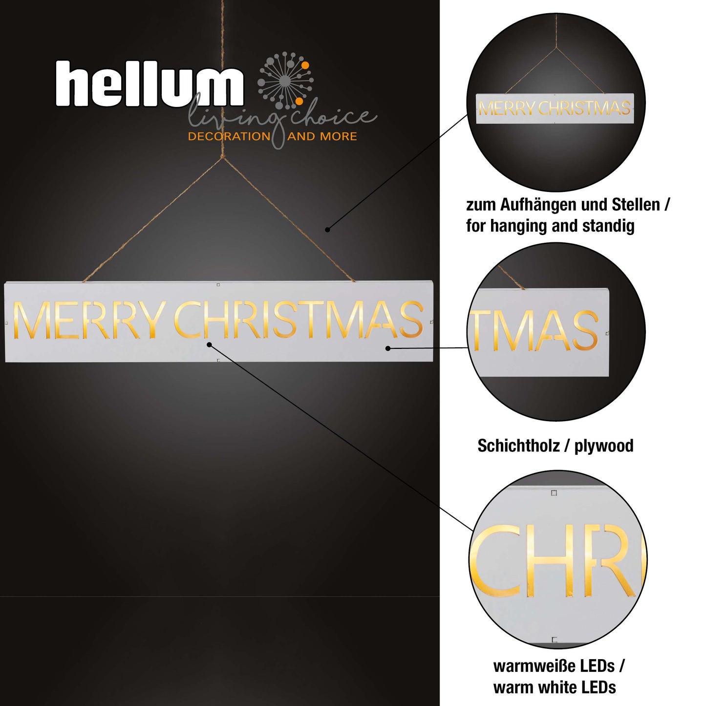 LED-Holzschild "Merry Christmas", 11 LEDs ww, batteriebetrieben