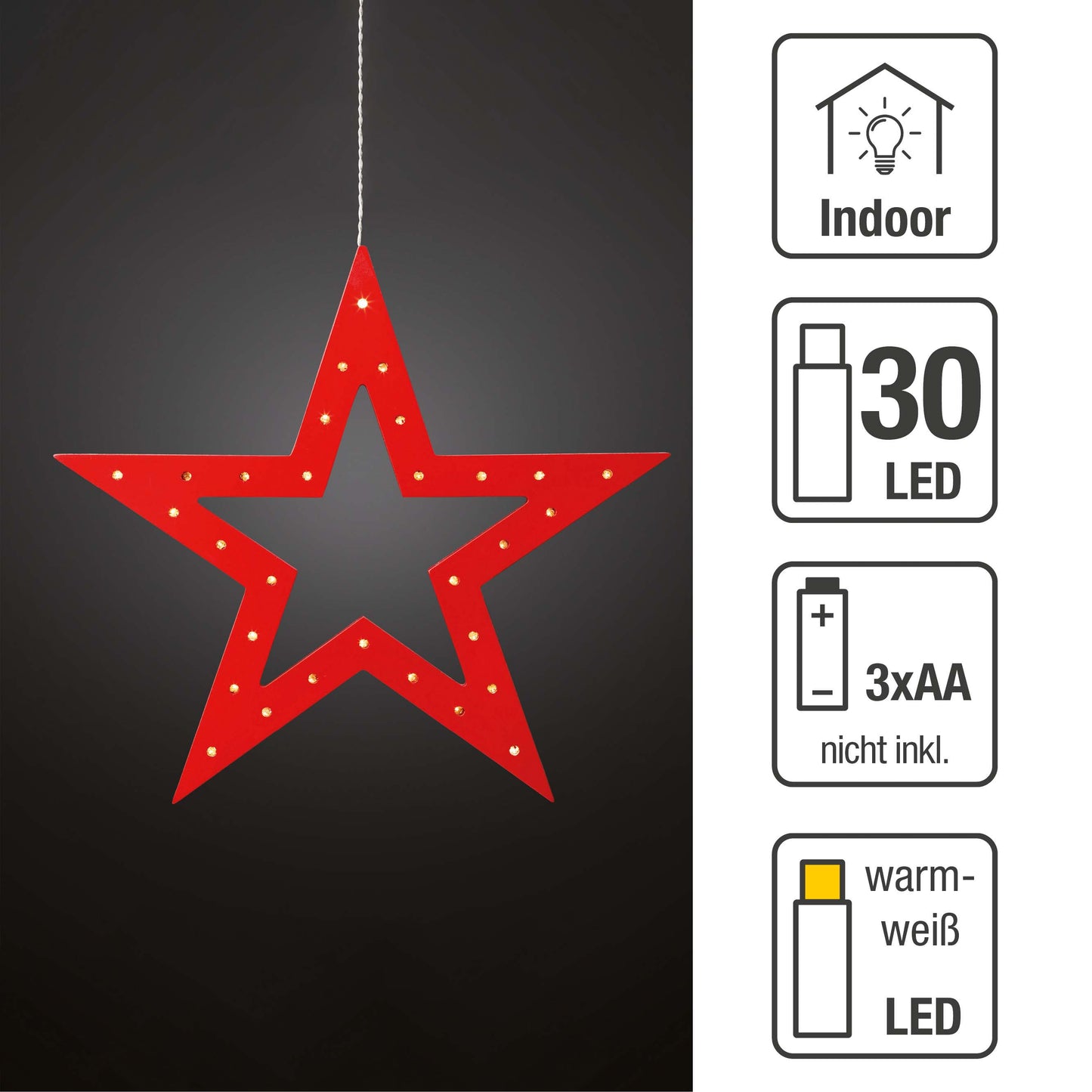 LED-Holzstern rot, 30 LEDs ww, batteriebetrieben
