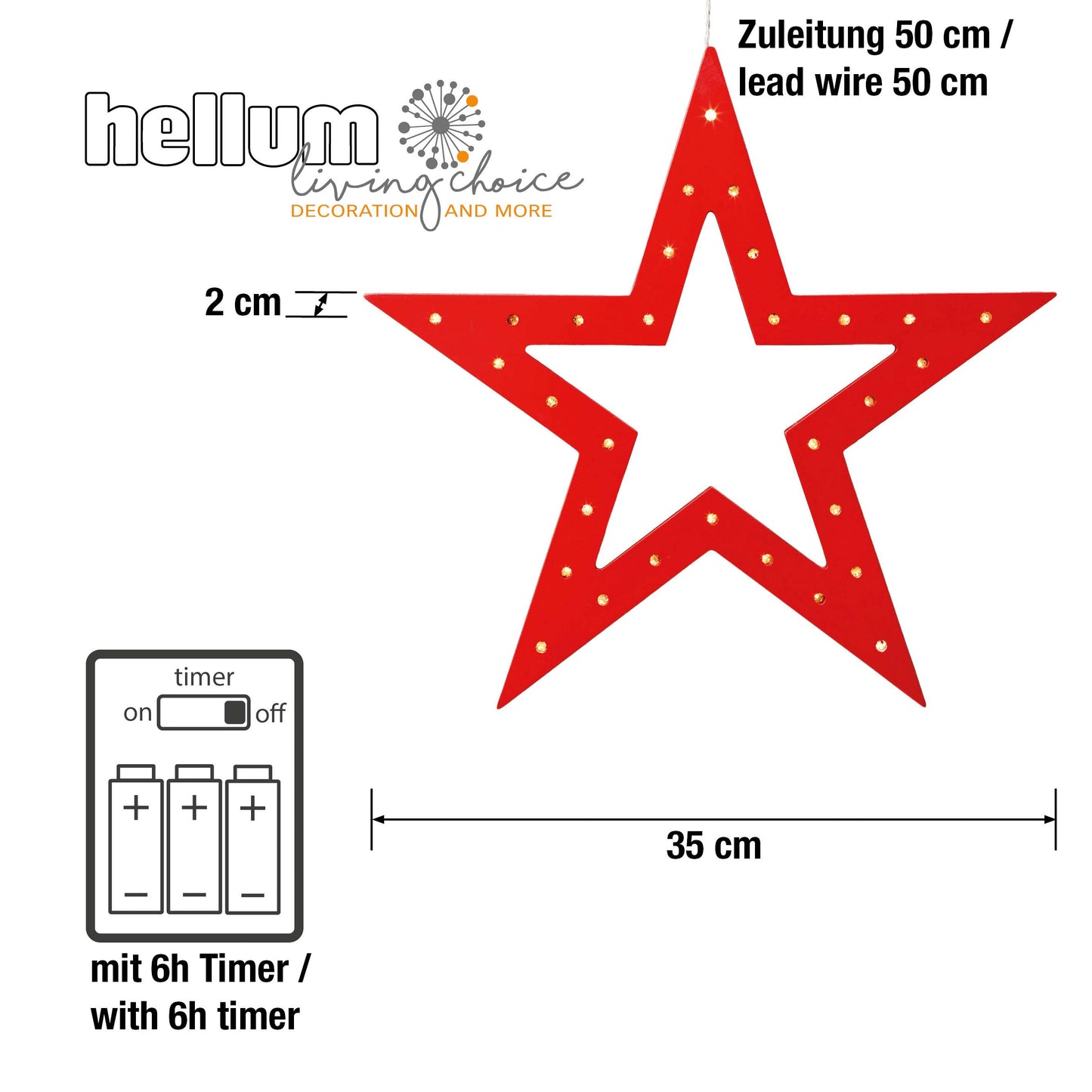 LED-Holzstern rot, 30 LEDs ww, batteriebetrieben