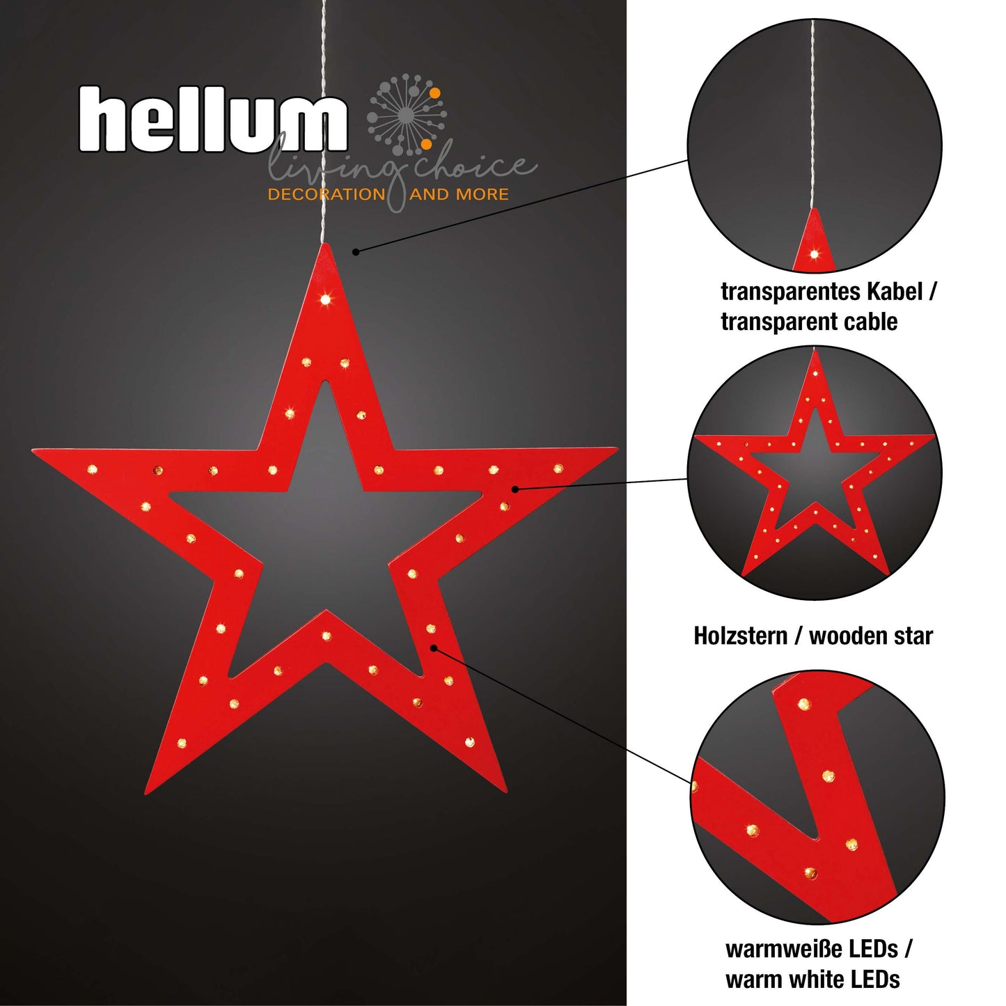 LED-Holzstern rot, 30 LEDs ww, batteriebetrieben