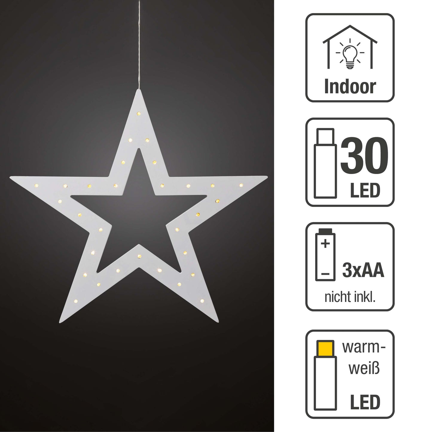 LED-Holzstern weiß, 30 LEDs ww, batteriebetrieben