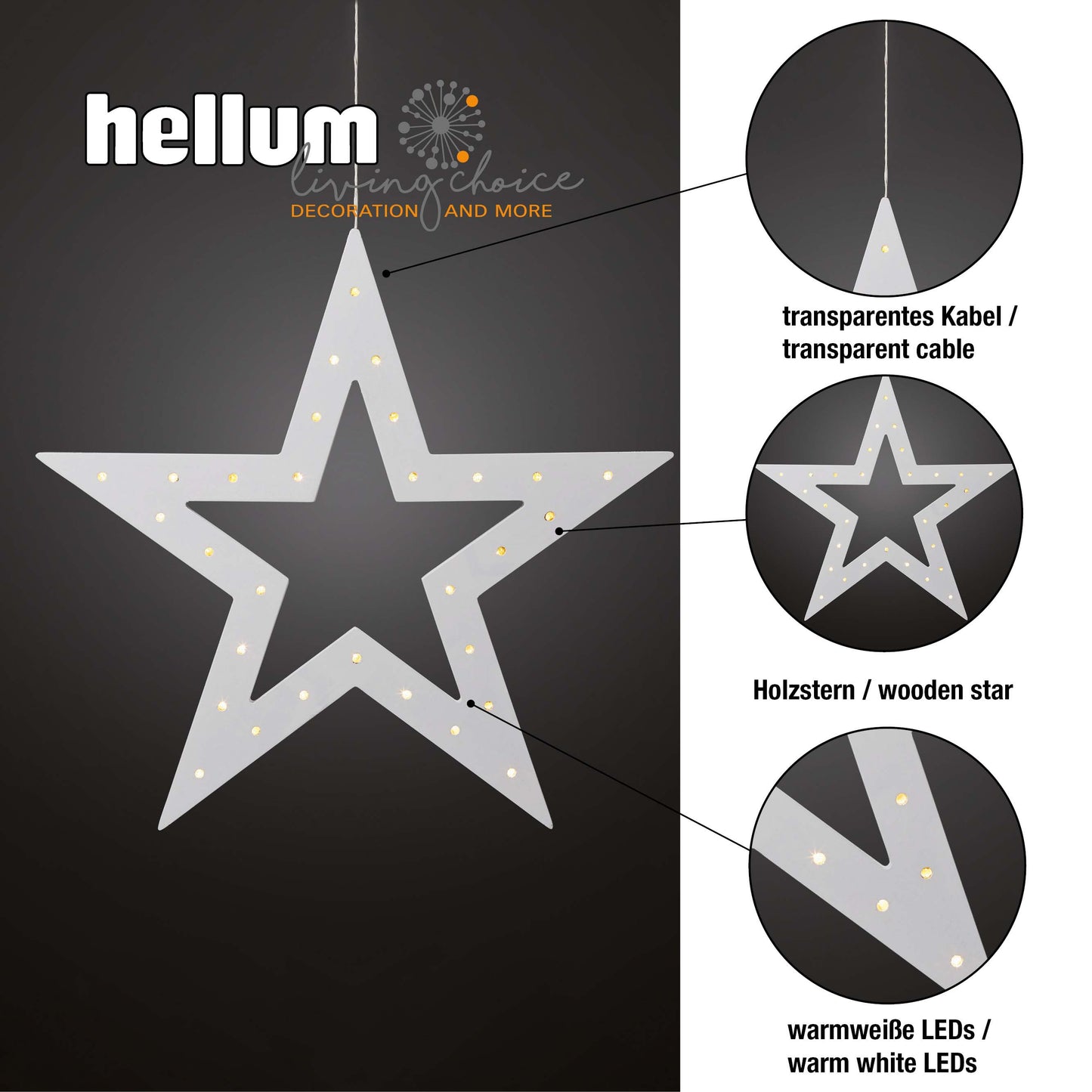 LED-Holzstern weiß, 30 LEDs ww, batteriebetrieben