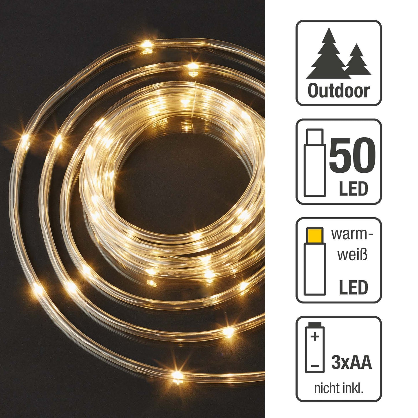 LED-Tubelight transparent, 50 LEDs ww, mit Timer, batteriebetrieben