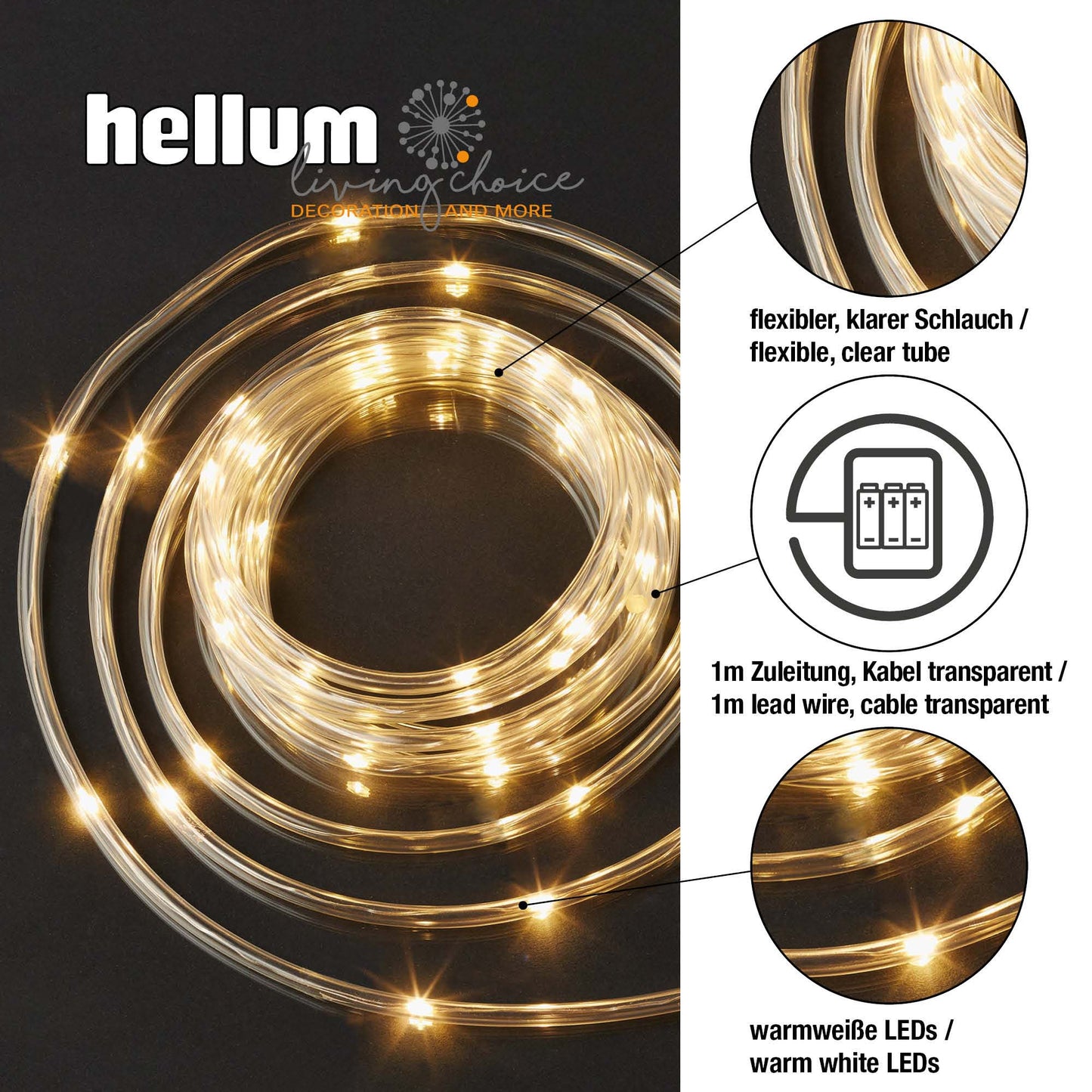 LED-Tubelight transparent, 50 LEDs ww, mit Timer, batteriebetrieben