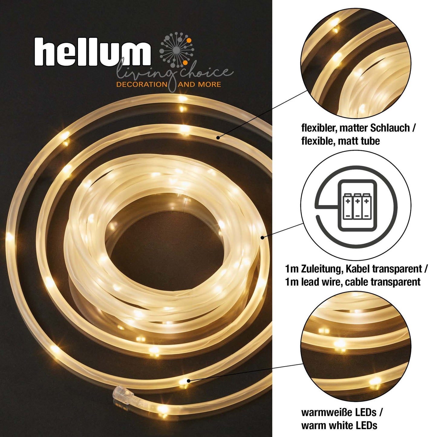 LED-Tubelight matt, 50 LEDs ww, mit Timer, batteriebetrieben