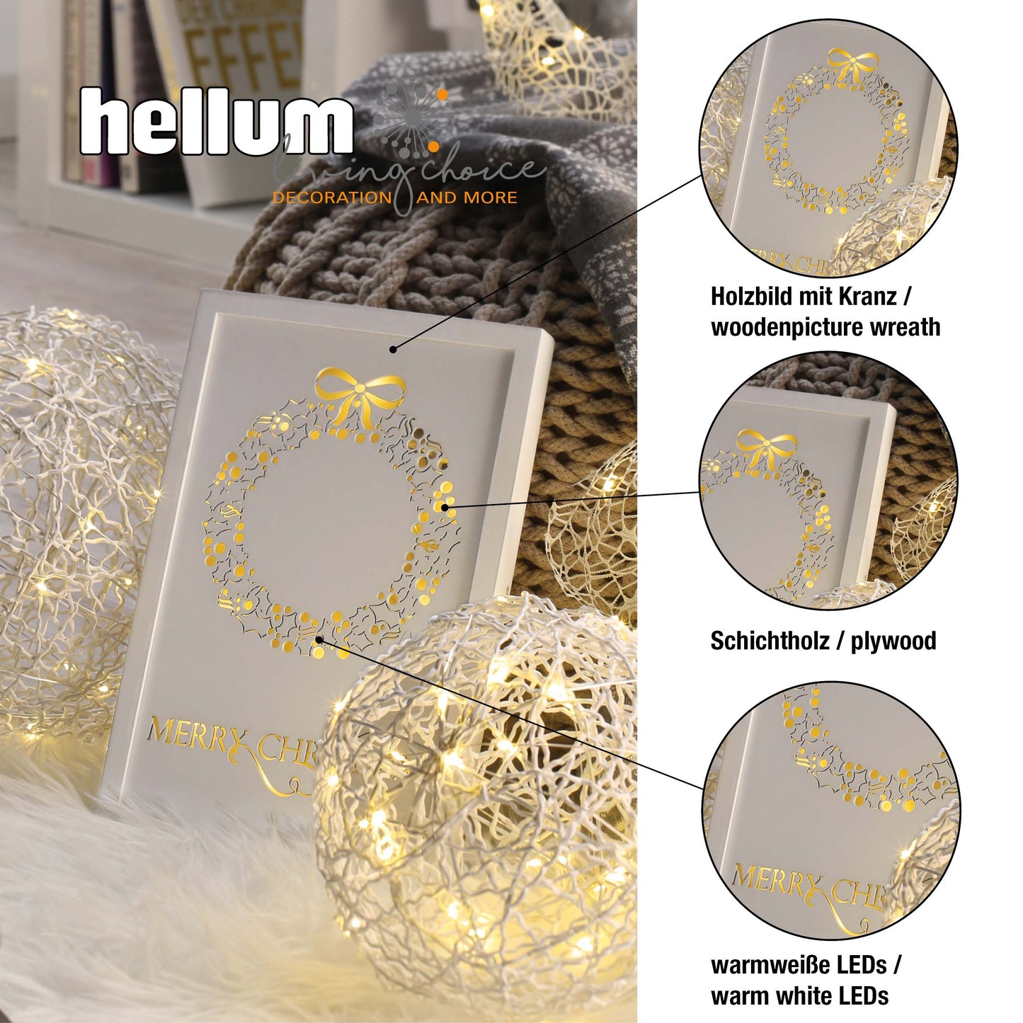 LED-Bild, Kranz und "Merry Christmas", mit Timer, batteriebetrieben