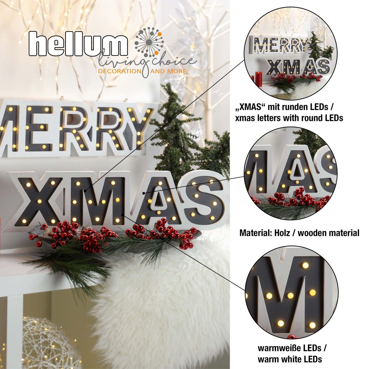 LED-Schrift "Xmas", 26 LEDs ww, mit Timer, batteriebetrieben