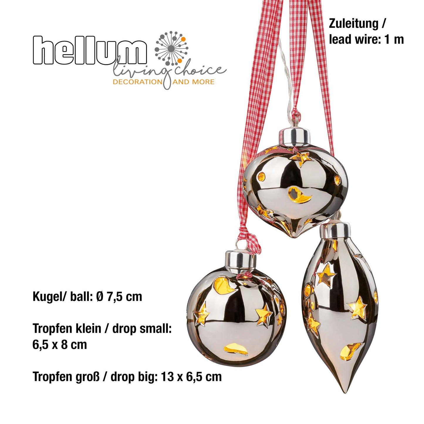 Hellum LED Keramik Aufhänger, 15 LEDs, 3er Set mit Kugeln und Tropfen, batteriebetrieben, silber 521740