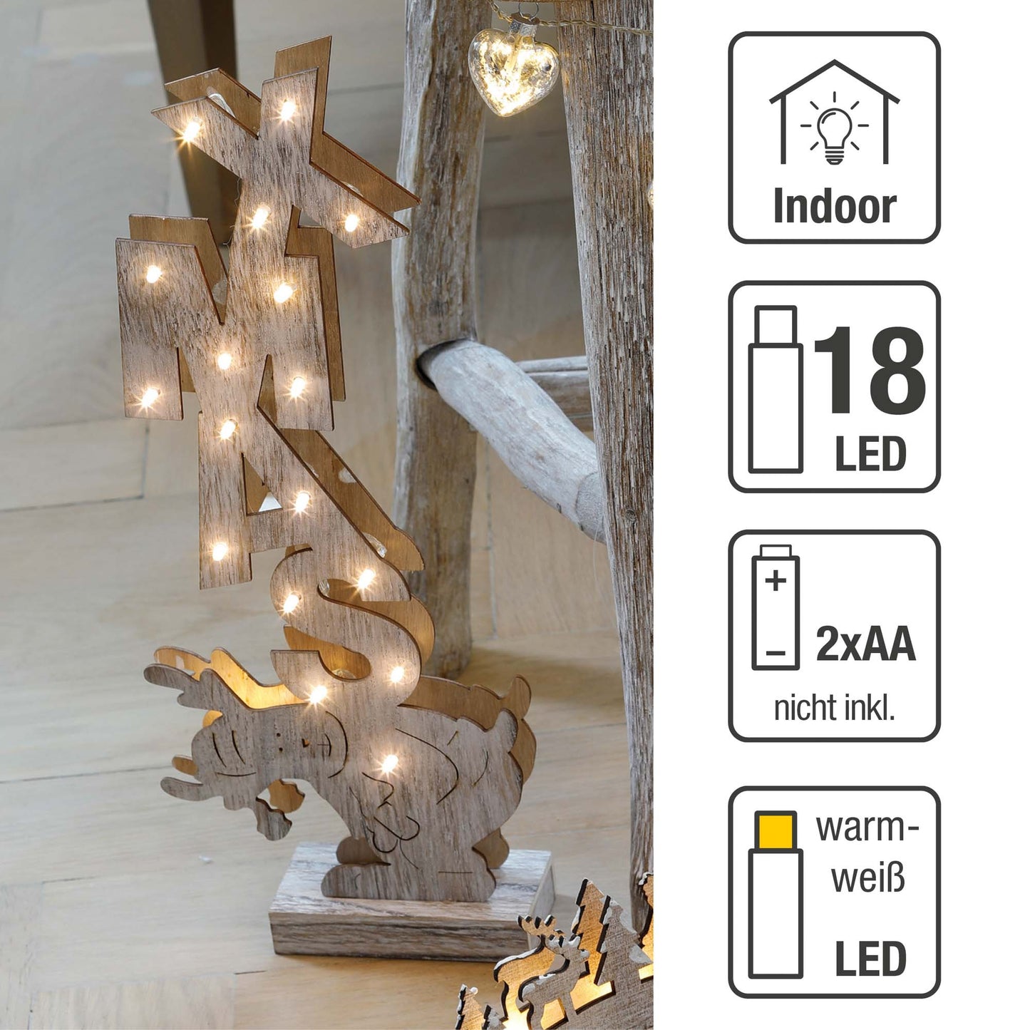 LED-Rentier aus Holz "Xmas", 18 LEDs warm-weiß, batteriebetrieben