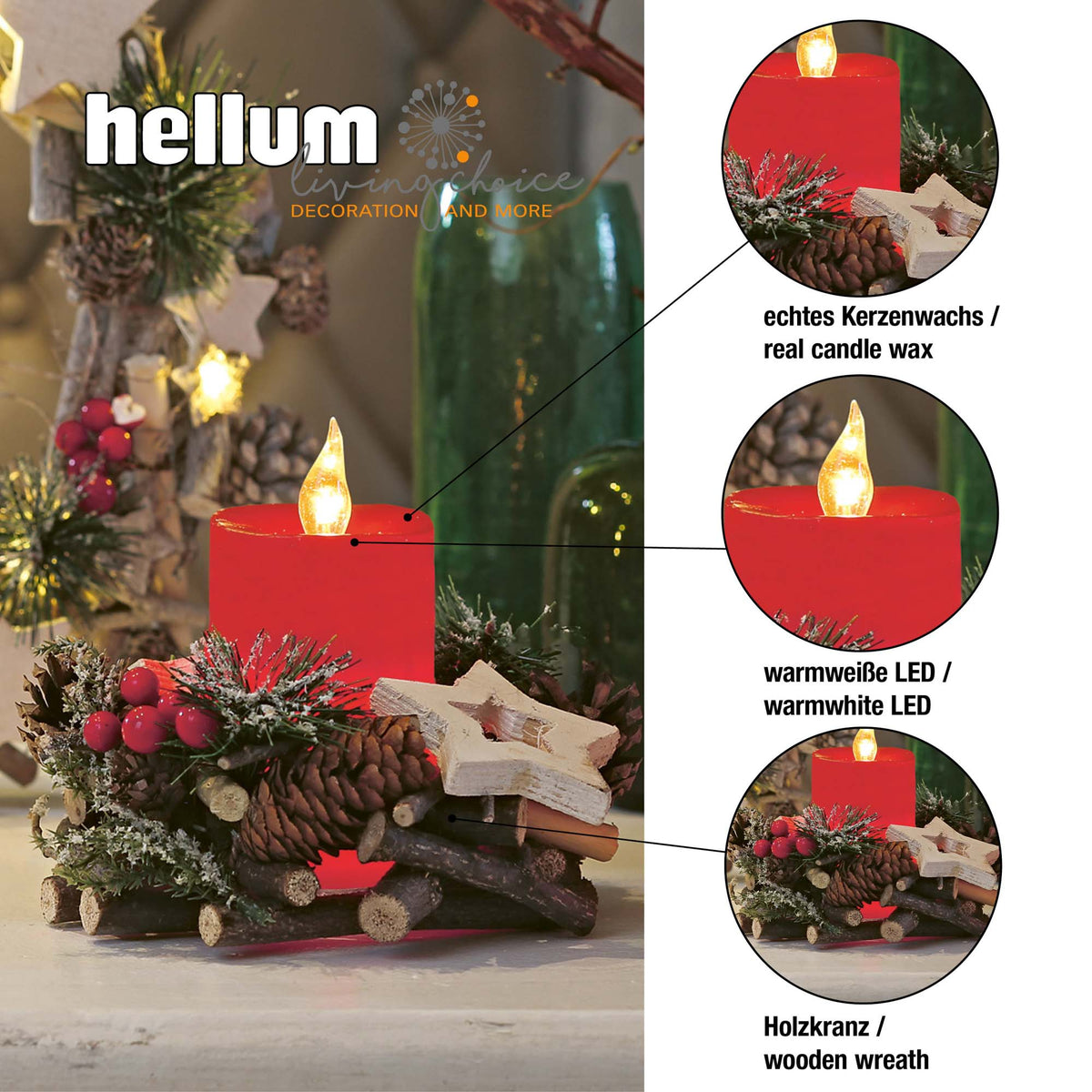 LED Kerze mit Holz-Kranz für innen, Adventskerze rot, 1 LED gelb, mit Timer, batteriebetrieben