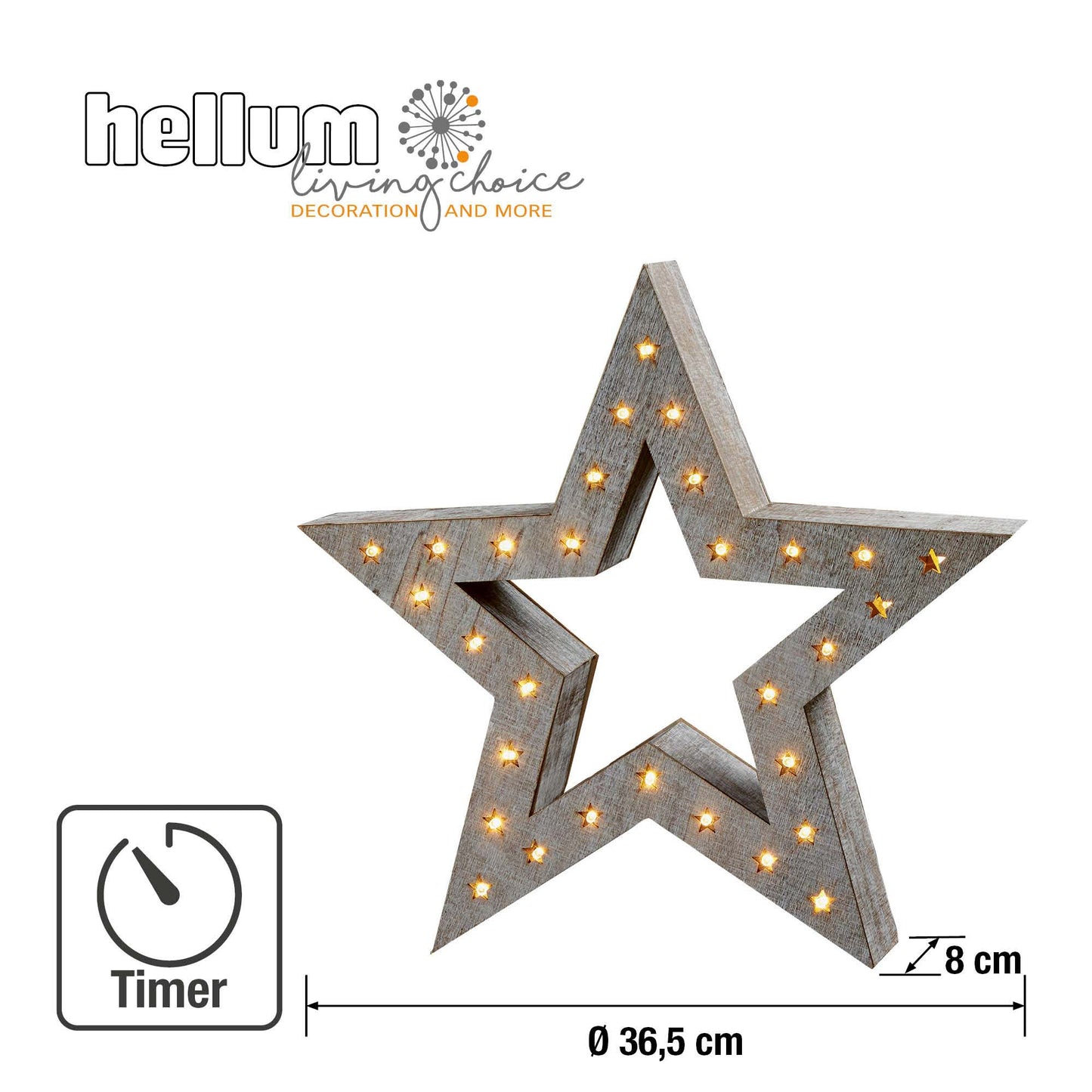 LED-Holzstern, weiß gebeizt, DIA 35cm, 30 LEDs ww, mit Timer, batteriebetrieben