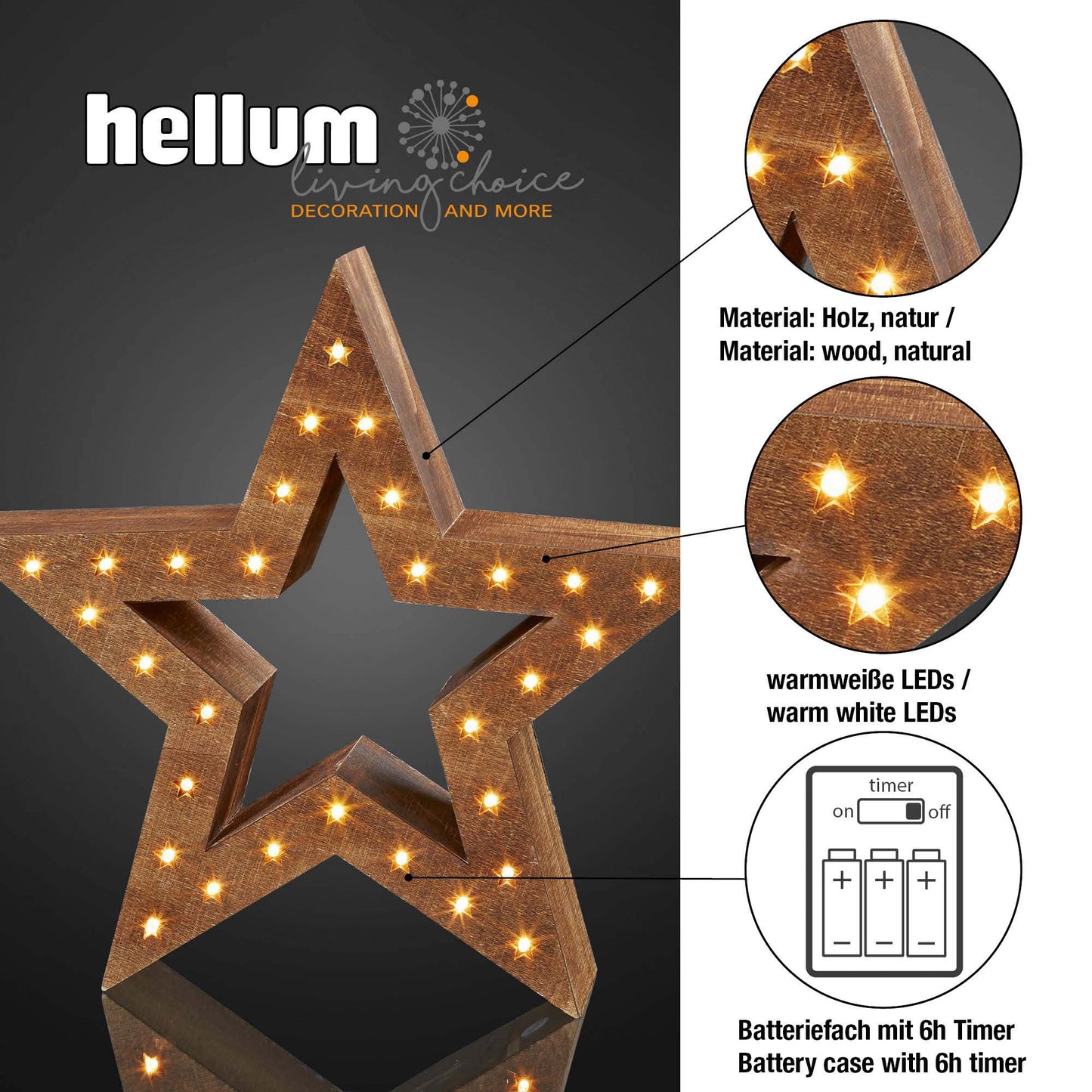 LED-Holzstern, naturfarben, DIA 35cm, 30 LEDs ww, mit Timer, batteriebetrieben