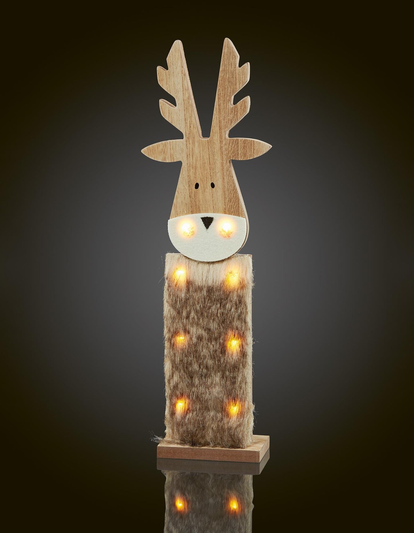 LED-Rentier aus Holz, mit Kunstfell, 11x40cm, 8 LEDs ww, batteriebetrieben