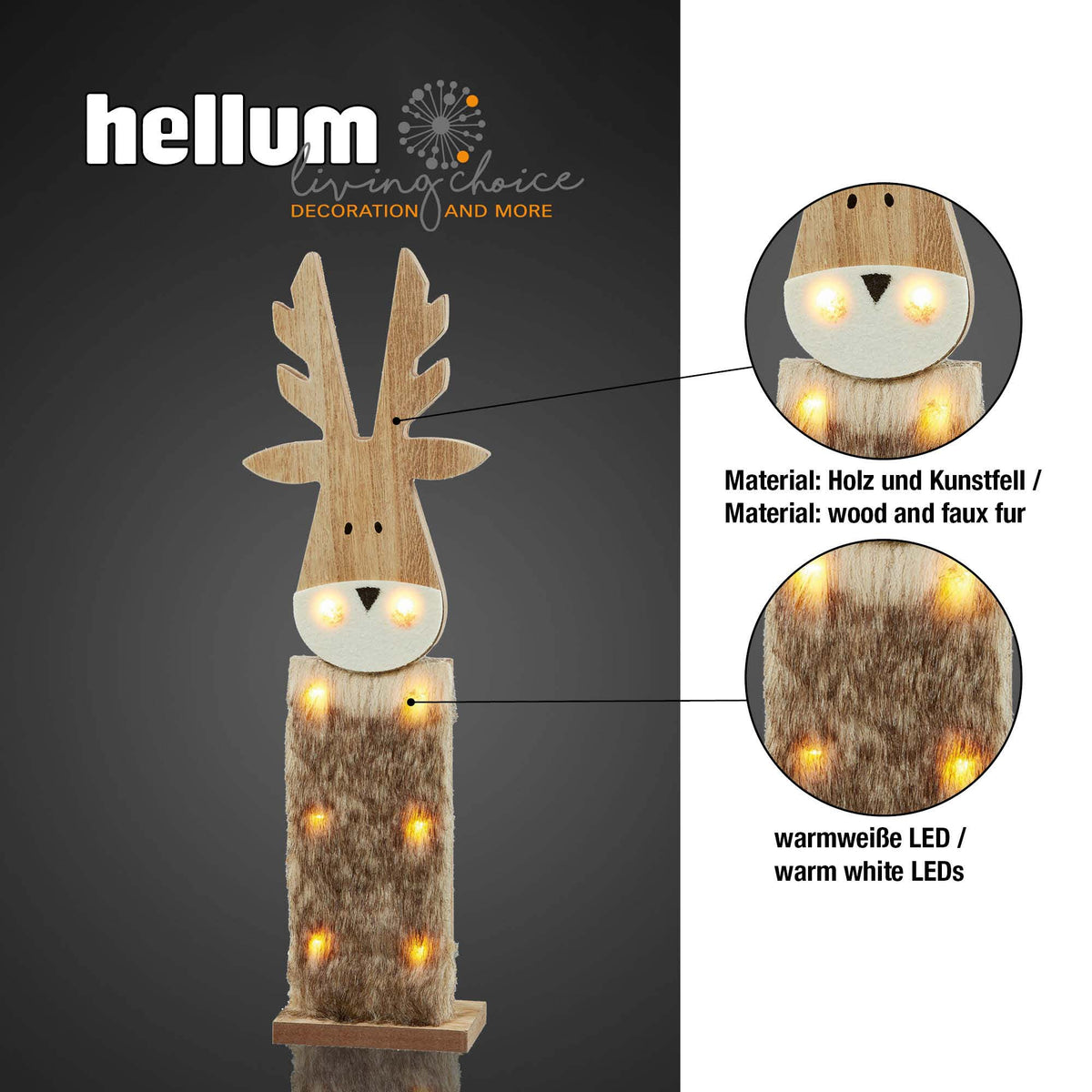 LED Rentier aus Holz mit Kunstfell, für innen, 8 LED warmweiß, 11x40 cm, batteriebetrieben