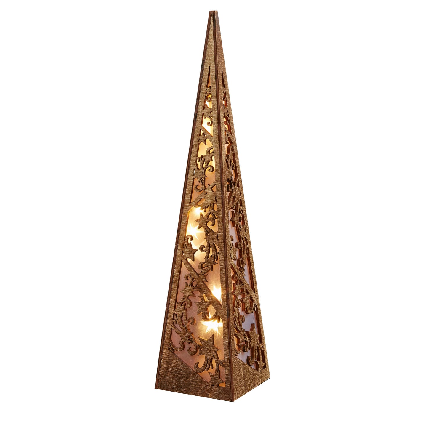 LED-Pyramide aus Holz, natur H: 57cm, 10 LEDs ww, batteriebetrieben mit Timer