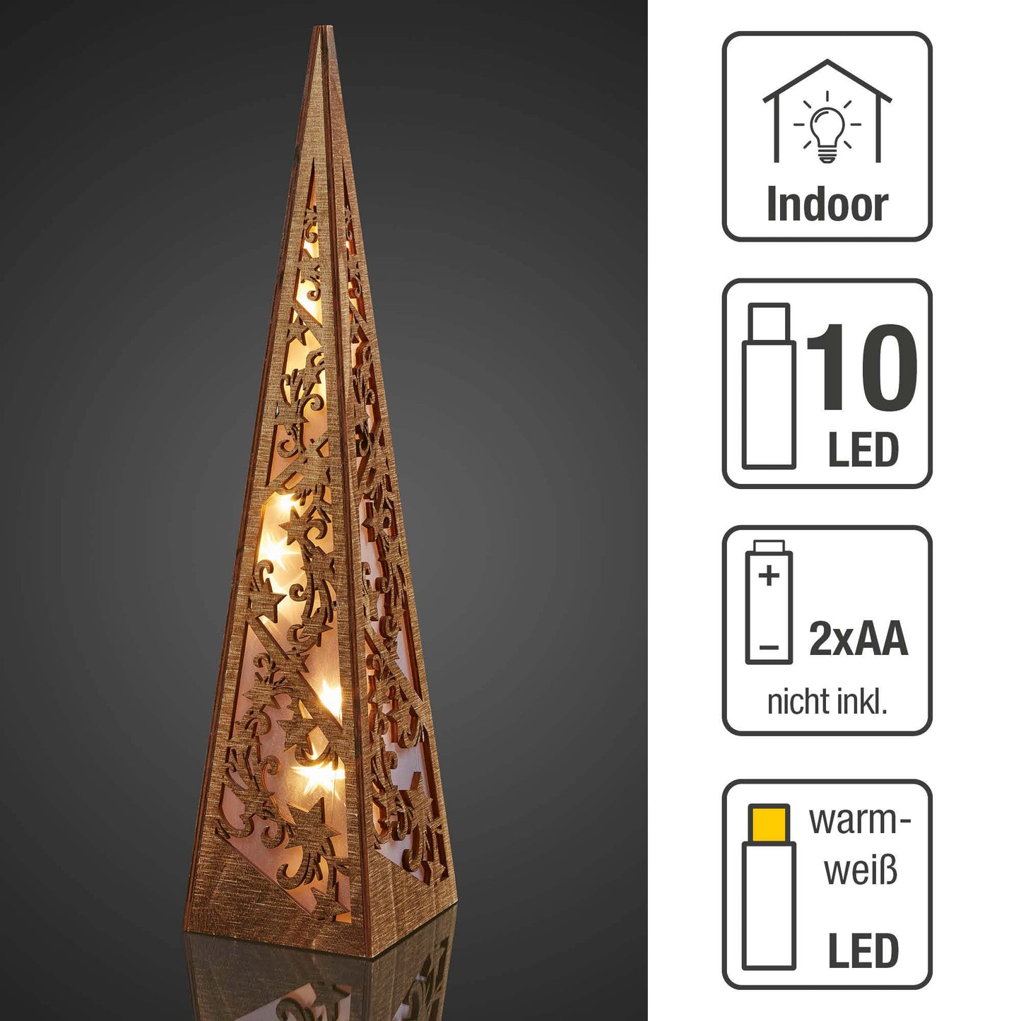 LED-Pyramide aus Holz, natur H: 57cm, 10 LEDs ww, batteriebetrieben mit Timer