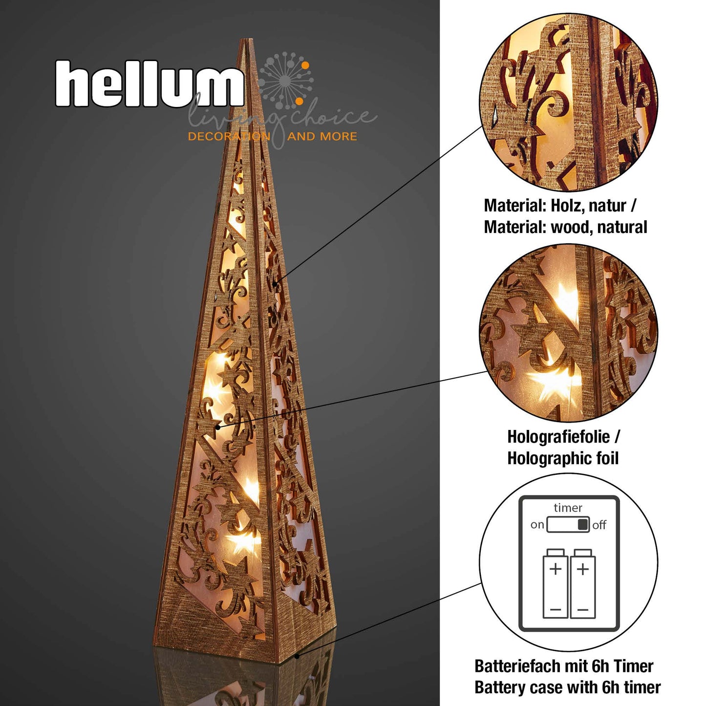 LED-Pyramide aus Holz, natur H: 57cm, 10 LEDs ww, batteriebetrieben mit Timer
