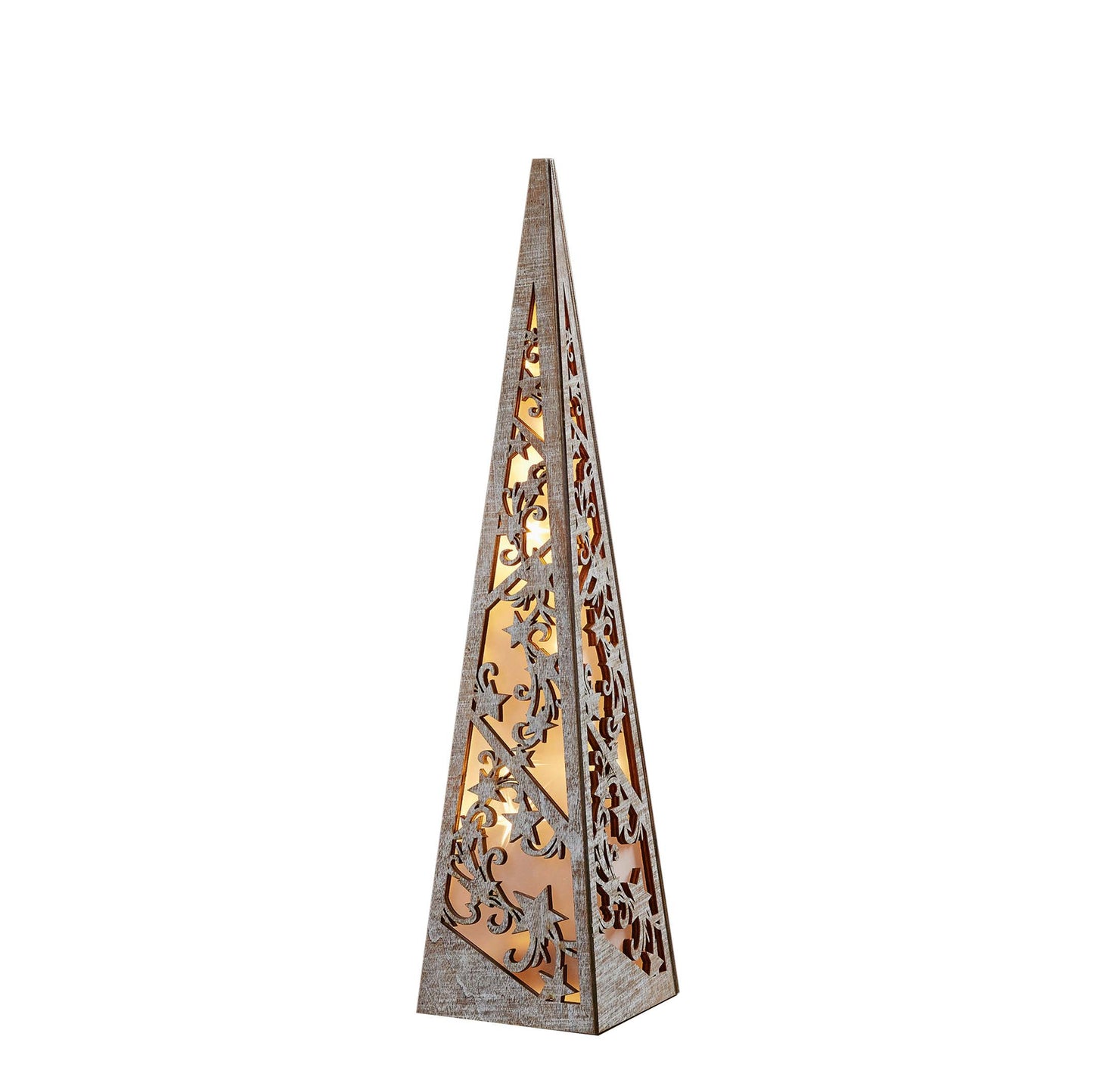 LED-Pyramide aus Holz, weiß gebeizt H: 45cm, 8 LEDs ww, mit Timer, batteriebetrieben
