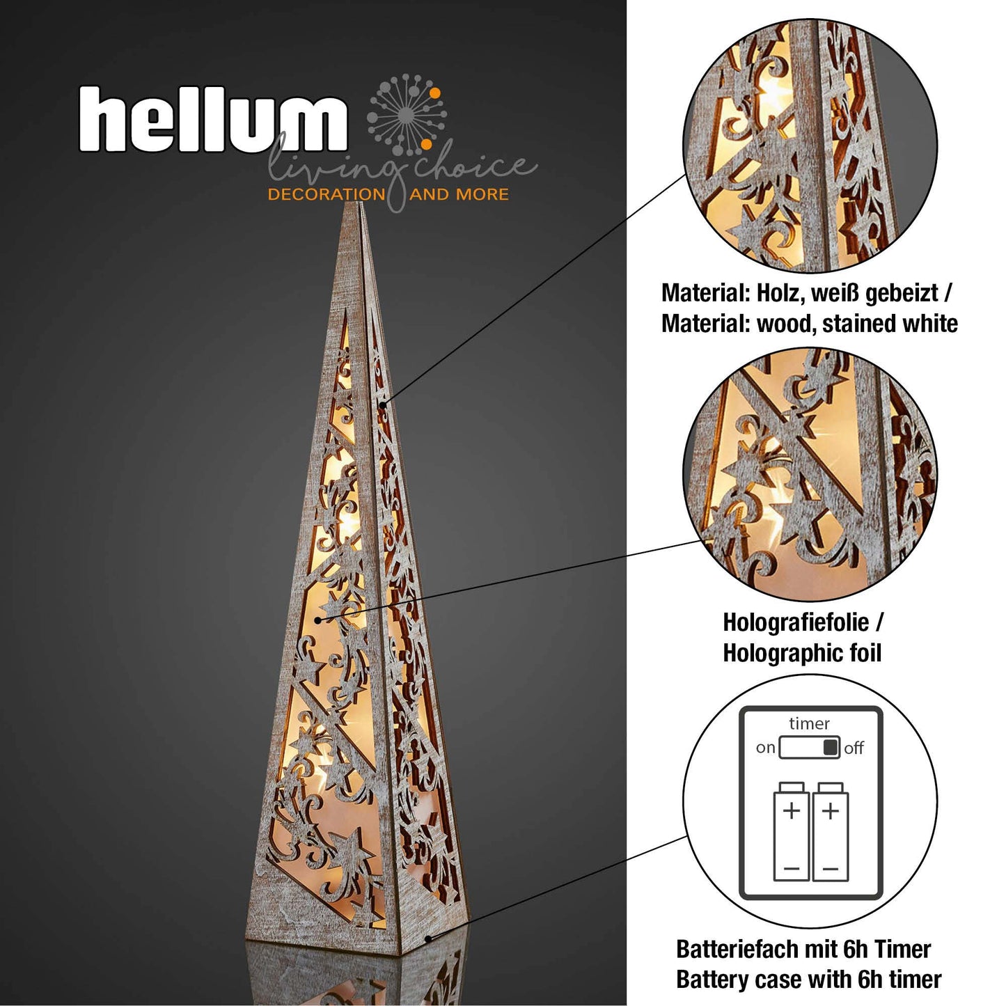 LED-Pyramide aus Holz, weiß gebeizt H: 45cm, 8 LEDs ww, mit Timer, batteriebetrieben