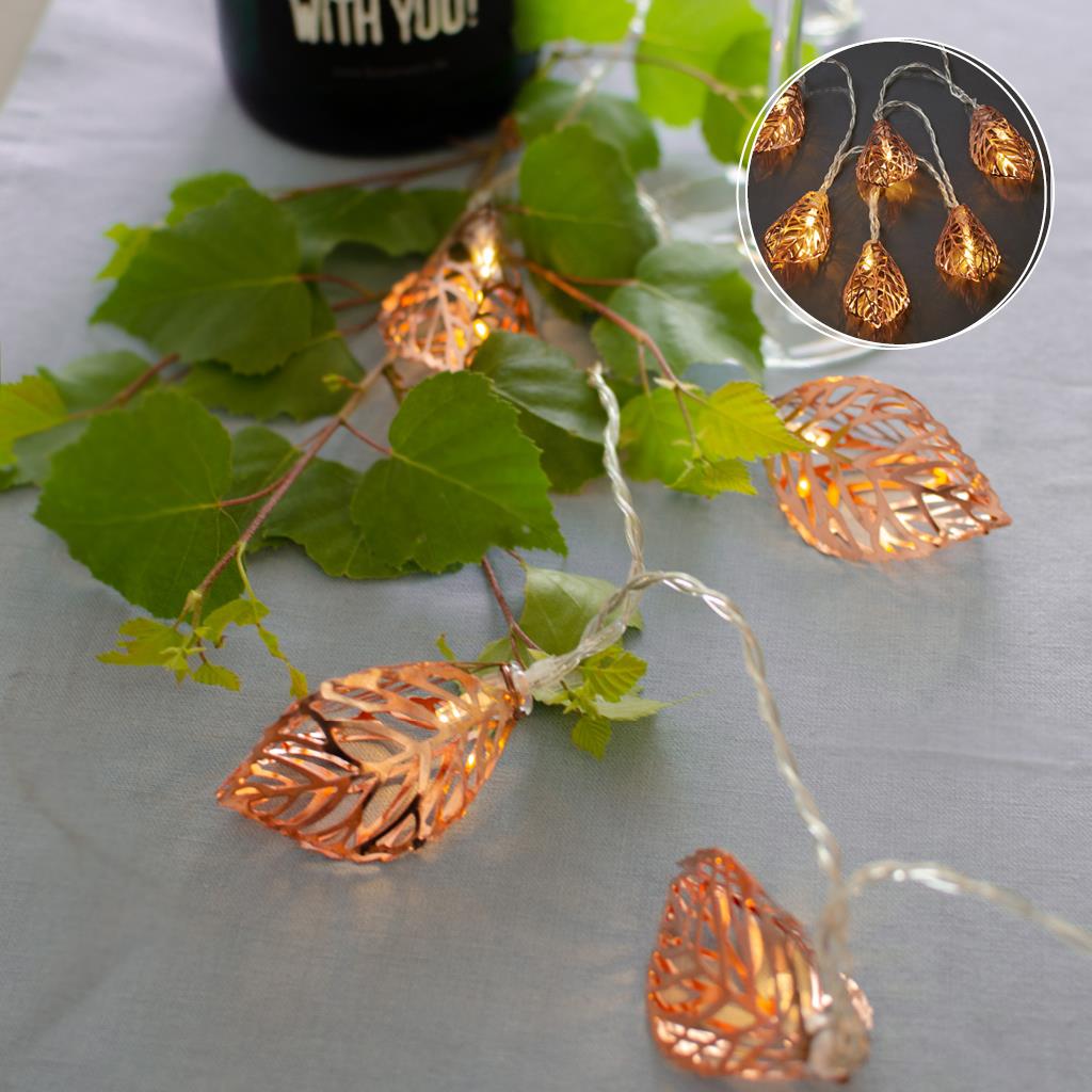 LED Lichterkette mit goldfarbenen Metallblättern, 10 LEDs ww. batteriebetrieben