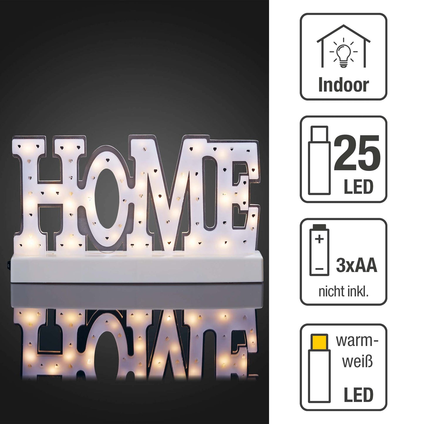 LED-Deko-Schrift „HOME“, weiß, 30 LEDs, batteriebetrieben