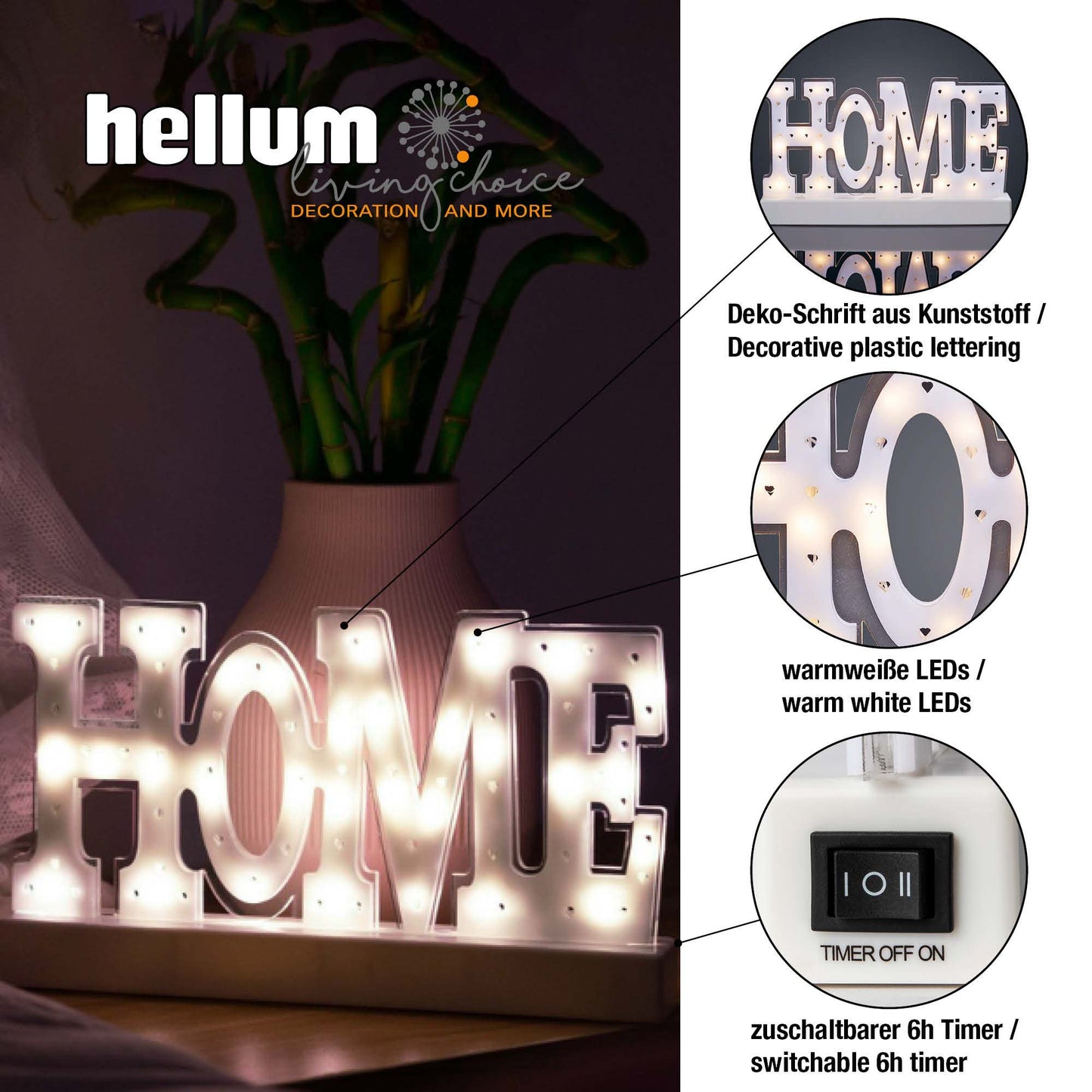 LED-Deko-Schrift „HOME“, weiß, 30 LEDs, batteriebetrieben