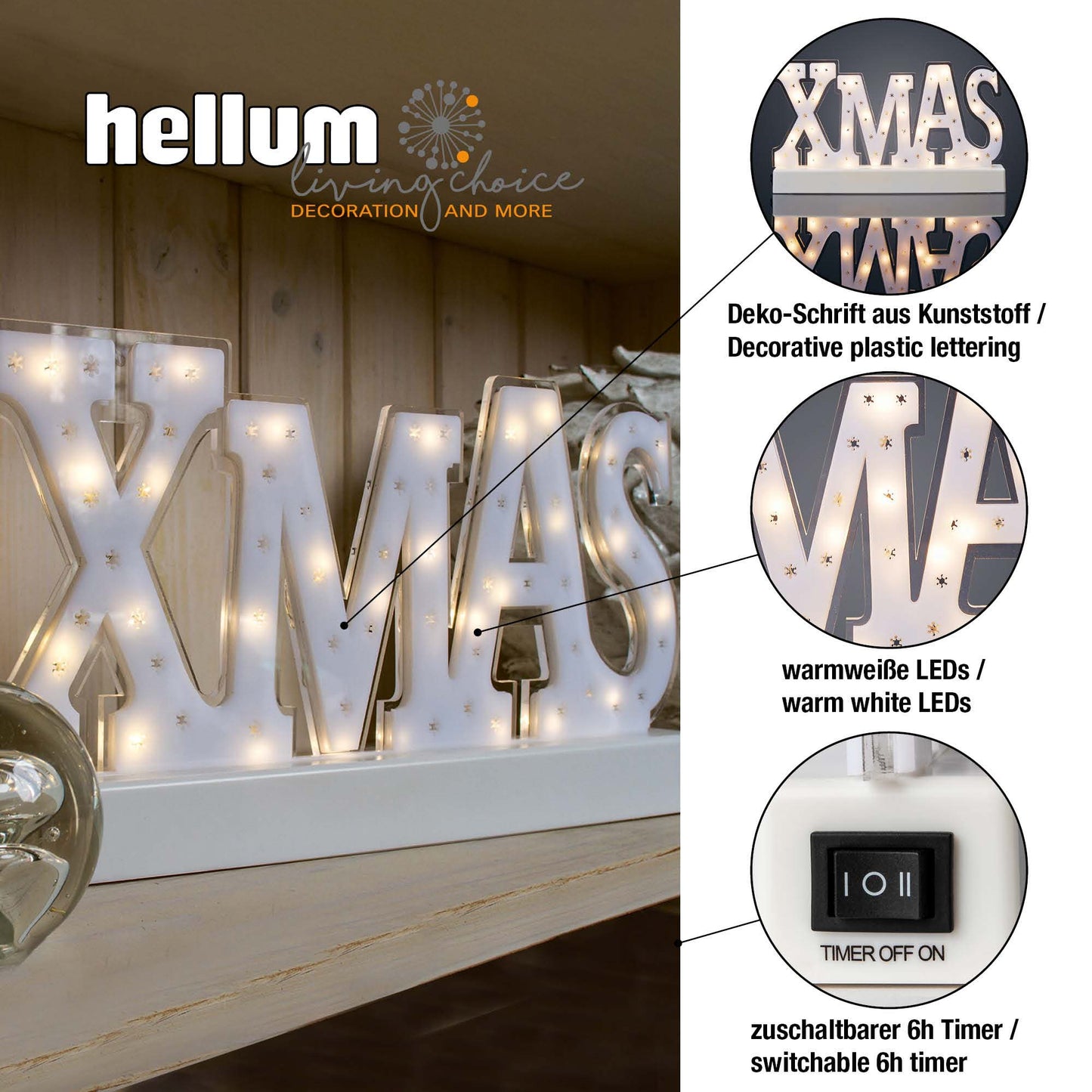 LED-Deko-Schrift „XMAS“, weiß, 29 LEDs, batteriebetrieben