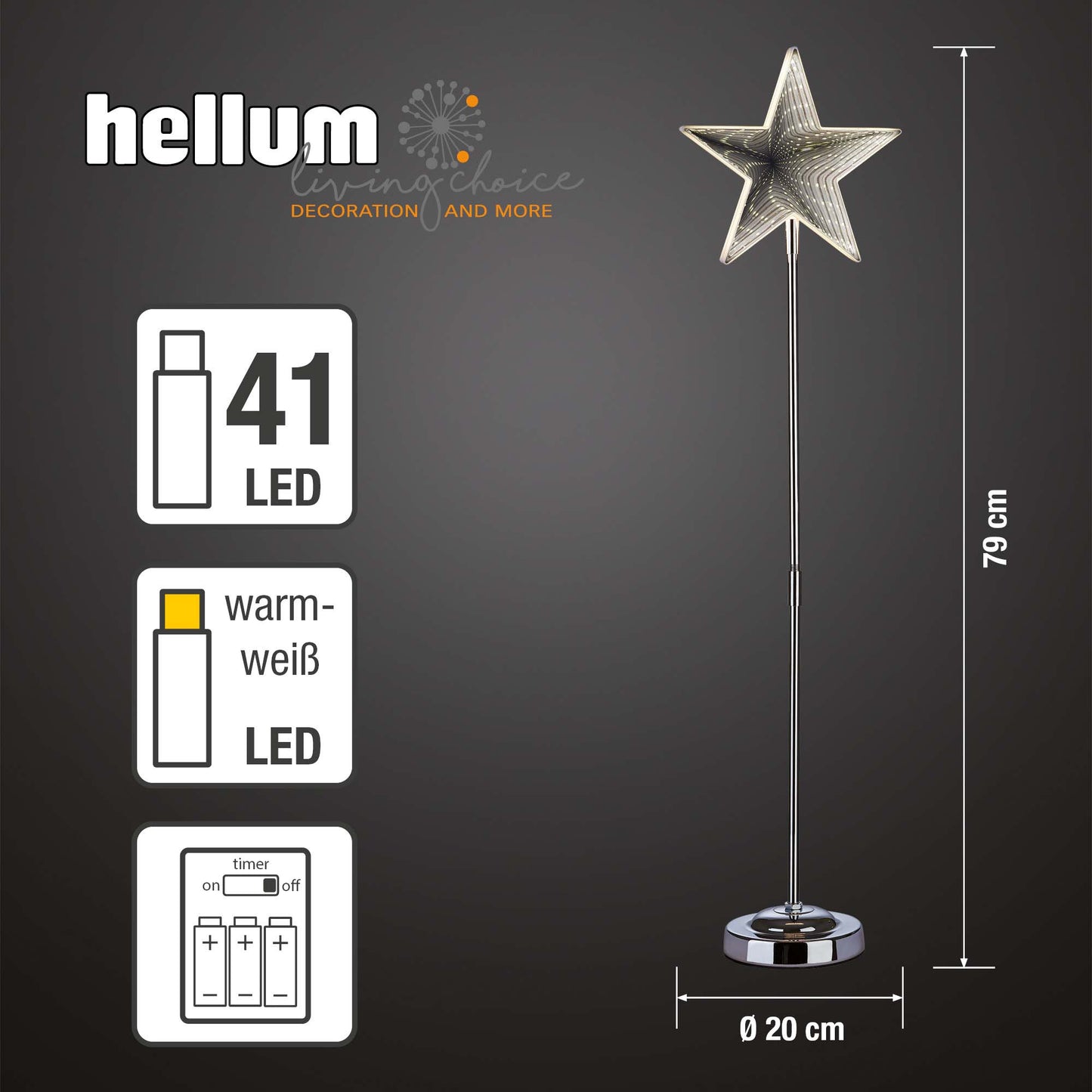 LED-Stern, Infinity Effekt, mit Standfuß, H: 75cm, DIA 20cm, 42 LEDs ww, mit Timer, batteriebetrieben