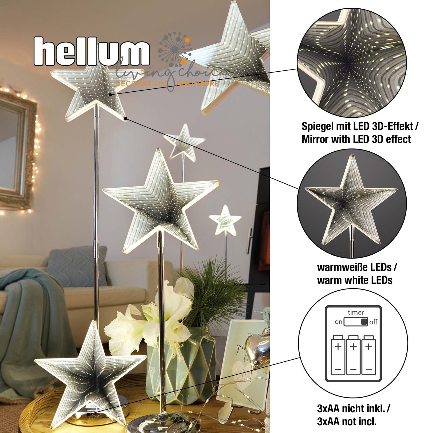 LED-Stern, Infinity Effekt, mit Standfuß, H: 75cm, DIA 20cm, 42 LEDs ww, mit Timer, batteriebetrieben