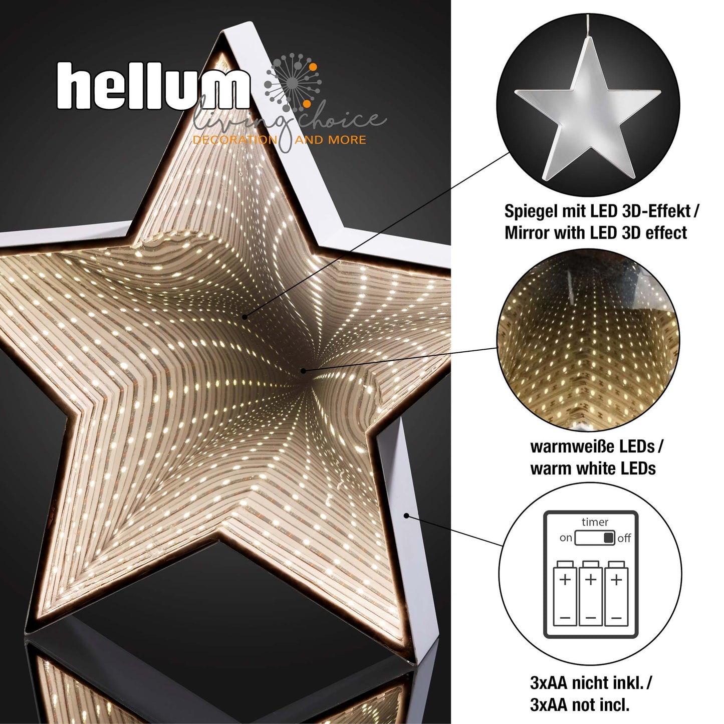 LED-3D Infinity-Stern, zum Hängen und Stellen, DIA 29,5cm, mit Timer,batteriebetrieben