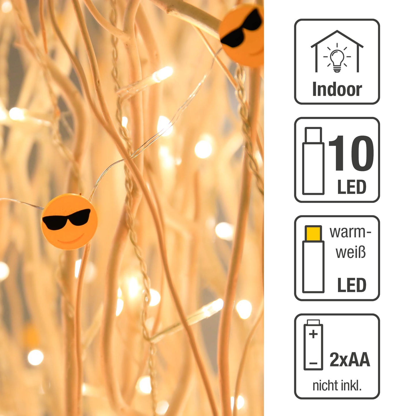 LED-Lichterkette mit Tauperlen und "Cool" Emoticon, 10 LEDs, batteriebetrieben