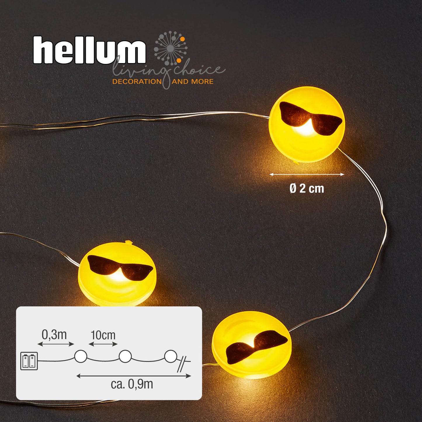 LED-Lichterkette mit Tauperlen und "Cool" Emoticon, 10 LEDs, batteriebetrieben