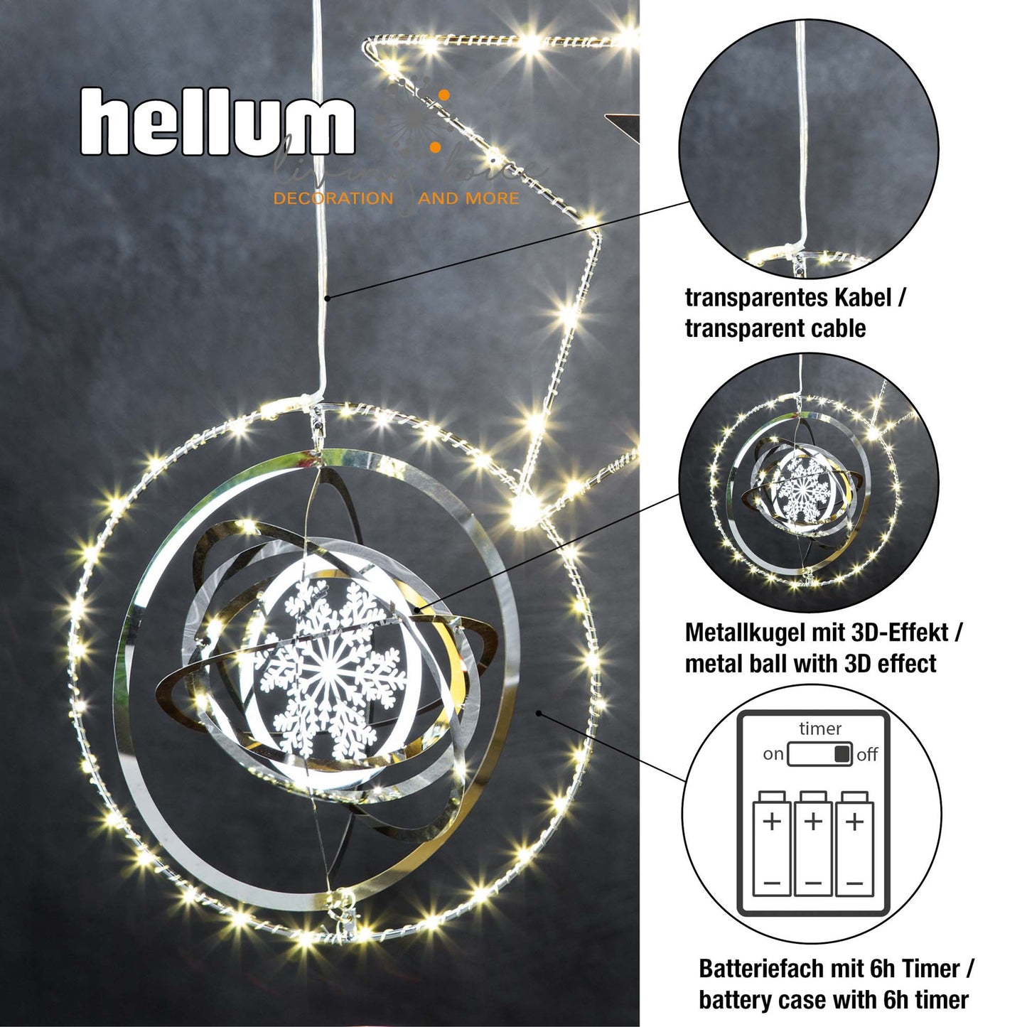 LED-3D Metall-Kugel, 30 LEDs ww, batteriebetrieben