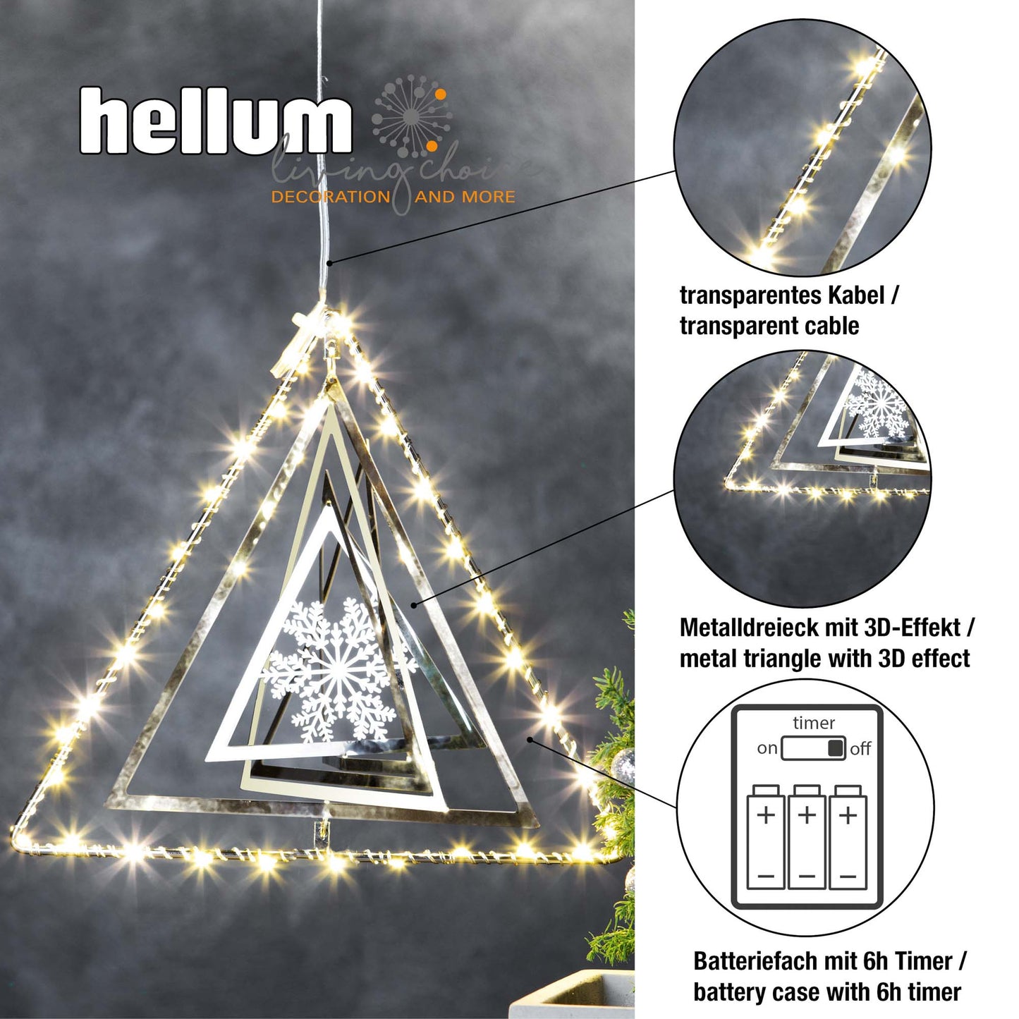 LED-3D Metall-Dreieck, 30 LEDs ww, batteriebetrieben
