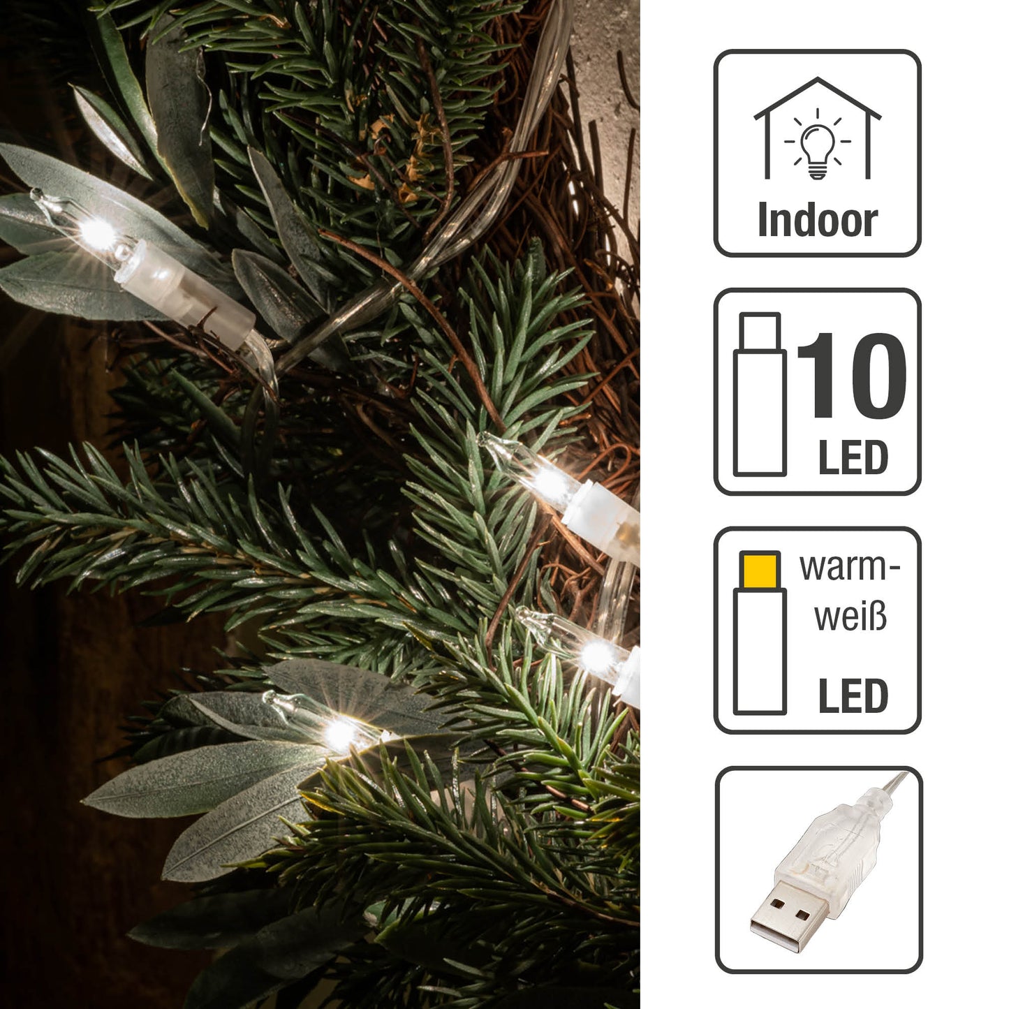 10-tlg. LED-Lichterkette, warm-weiß, transparentes Kabel, USB -Anschluss