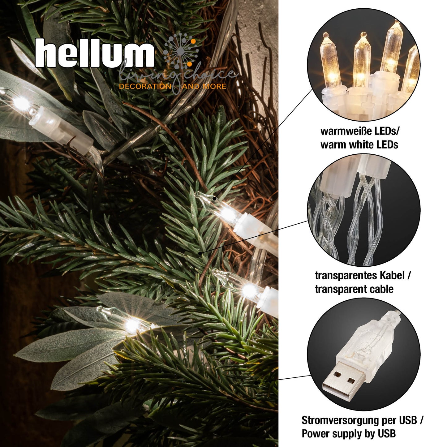 10-tlg. LED-Lichterkette, warm-weiß, transparentes Kabel, USB -Anschluss