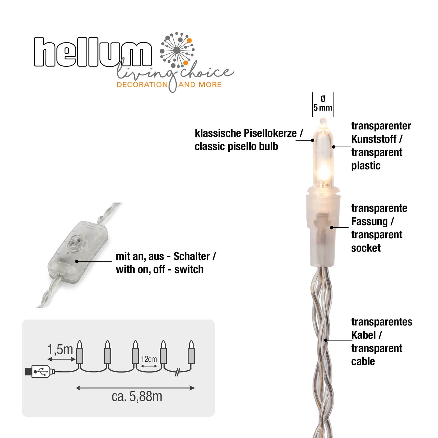 50-tlg. LED-Lichterkette, warm-weiß, transparentes Kabel, USB -Anschluss