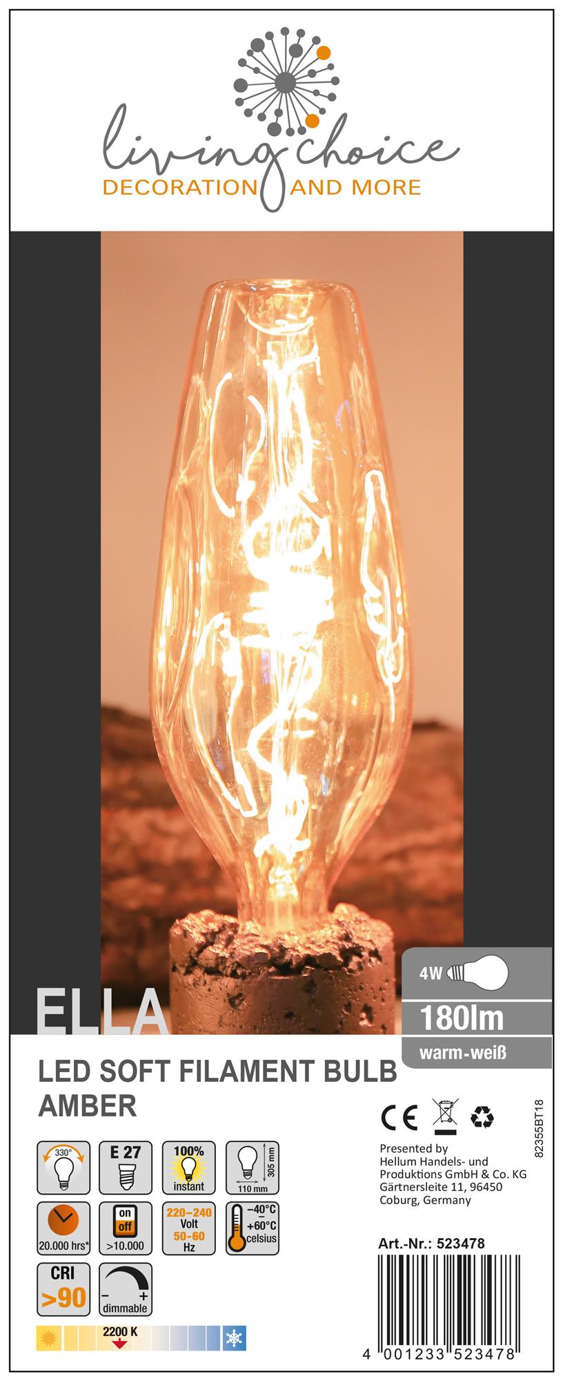 LED-Soft-Filament-Lampe "Ella"-Amber, E27 4W